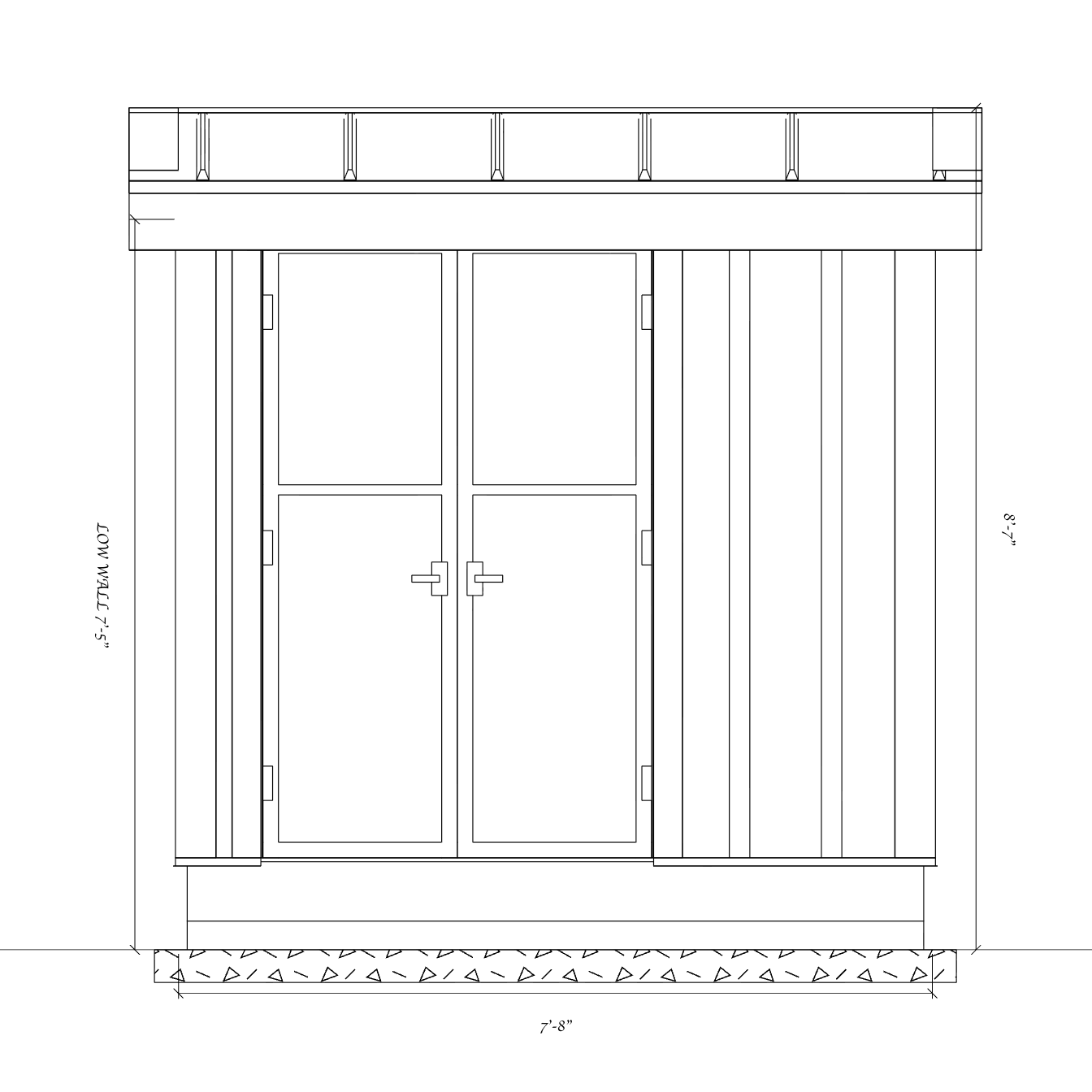 Dimensioned front elevation of the compact shed and its tall double doors