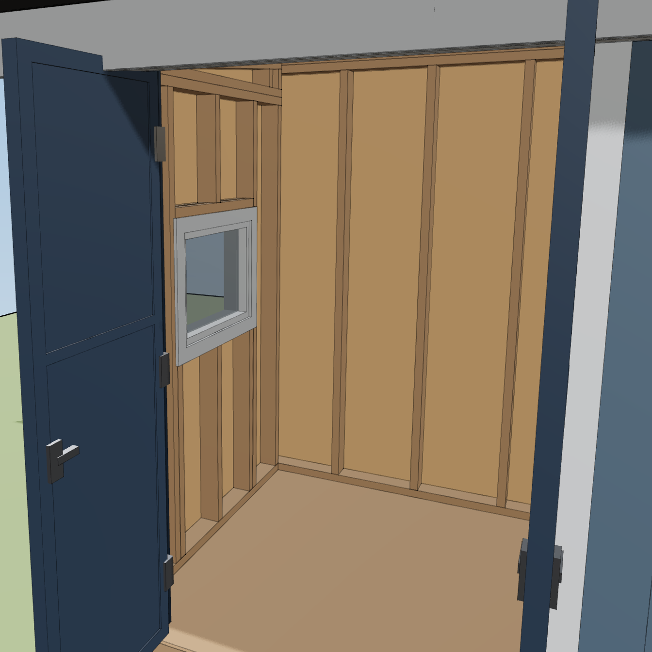 Interior HomeCat view through the open shed doors toward the side window