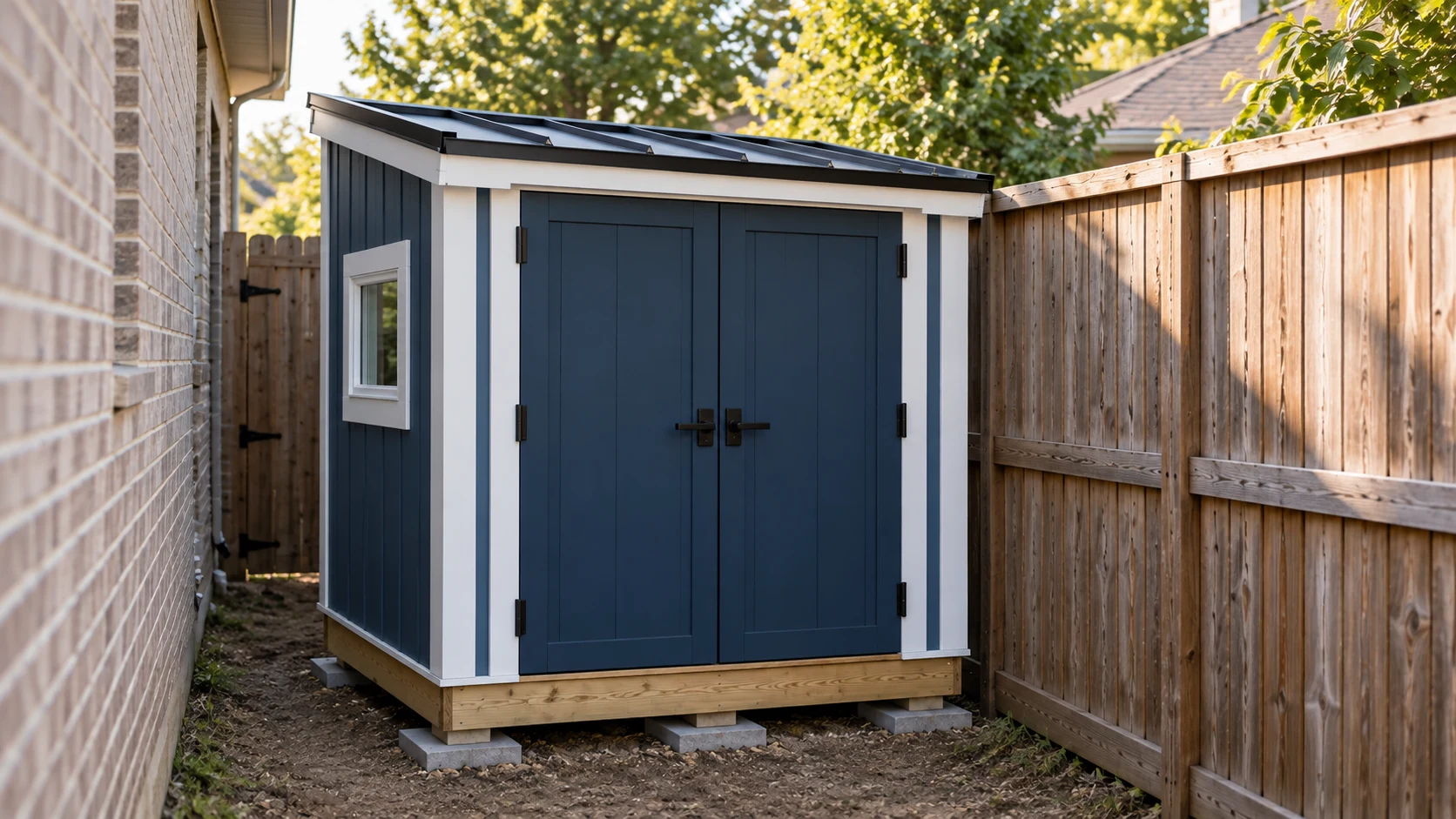 Compact navy side-yard shed with full-height double doors and a lean-to roof