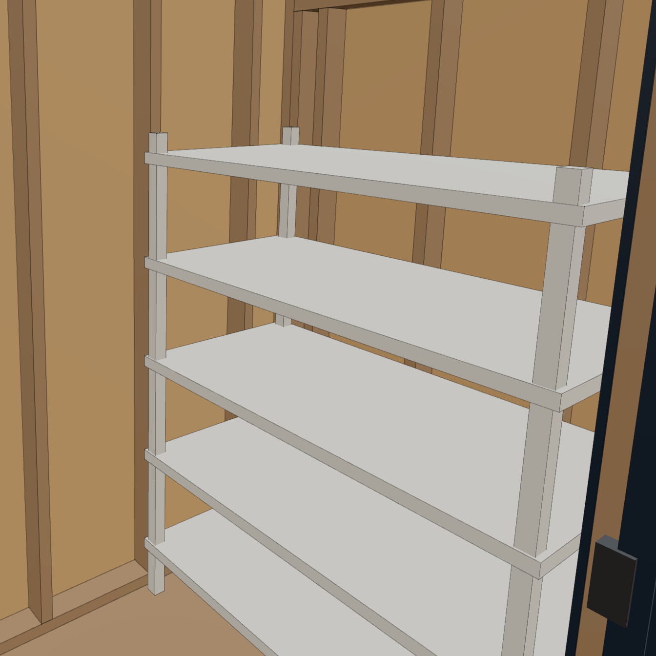 Interior model view of the compact shed's five-tier shelving