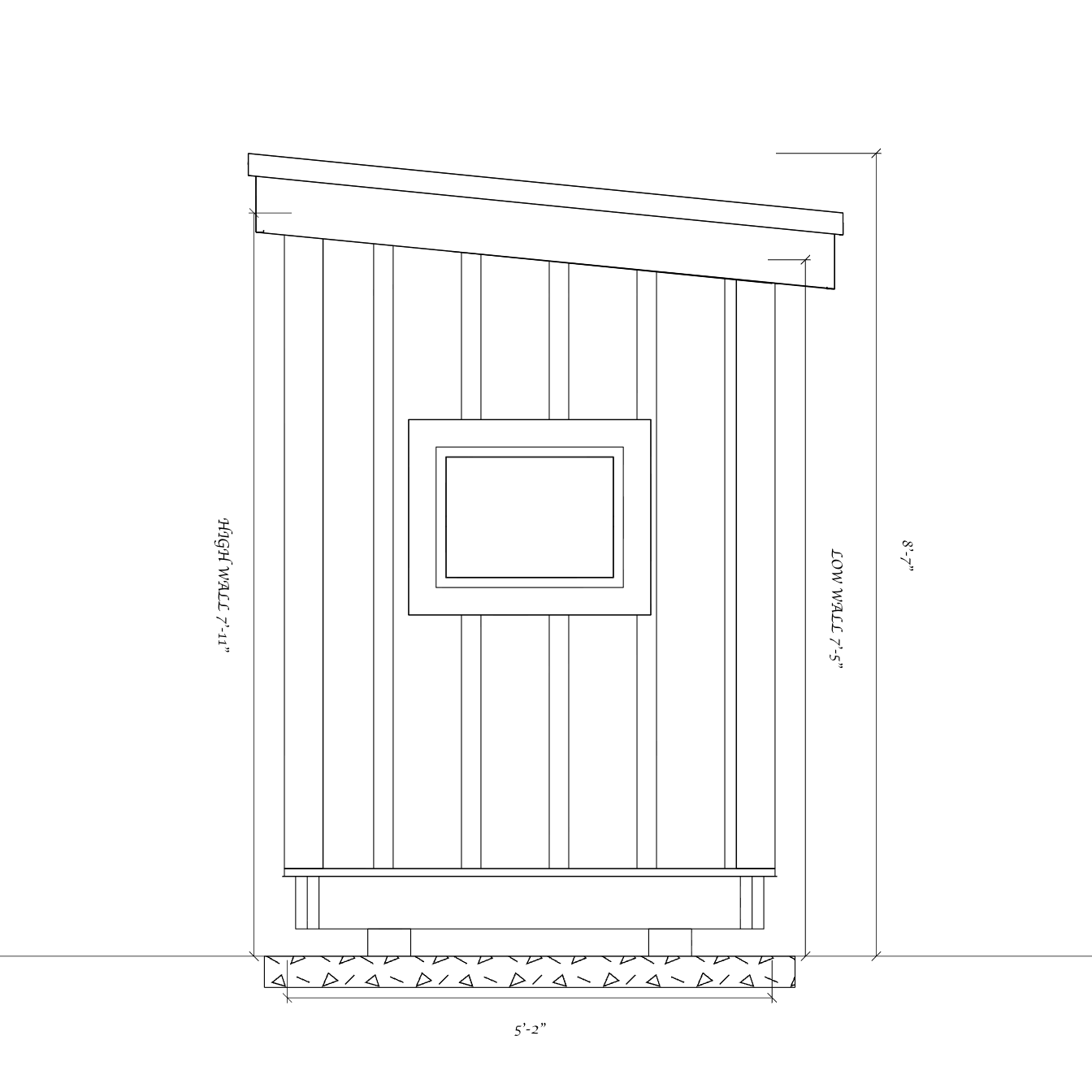 Dimensioned side elevation of the lean-to shed with its small window