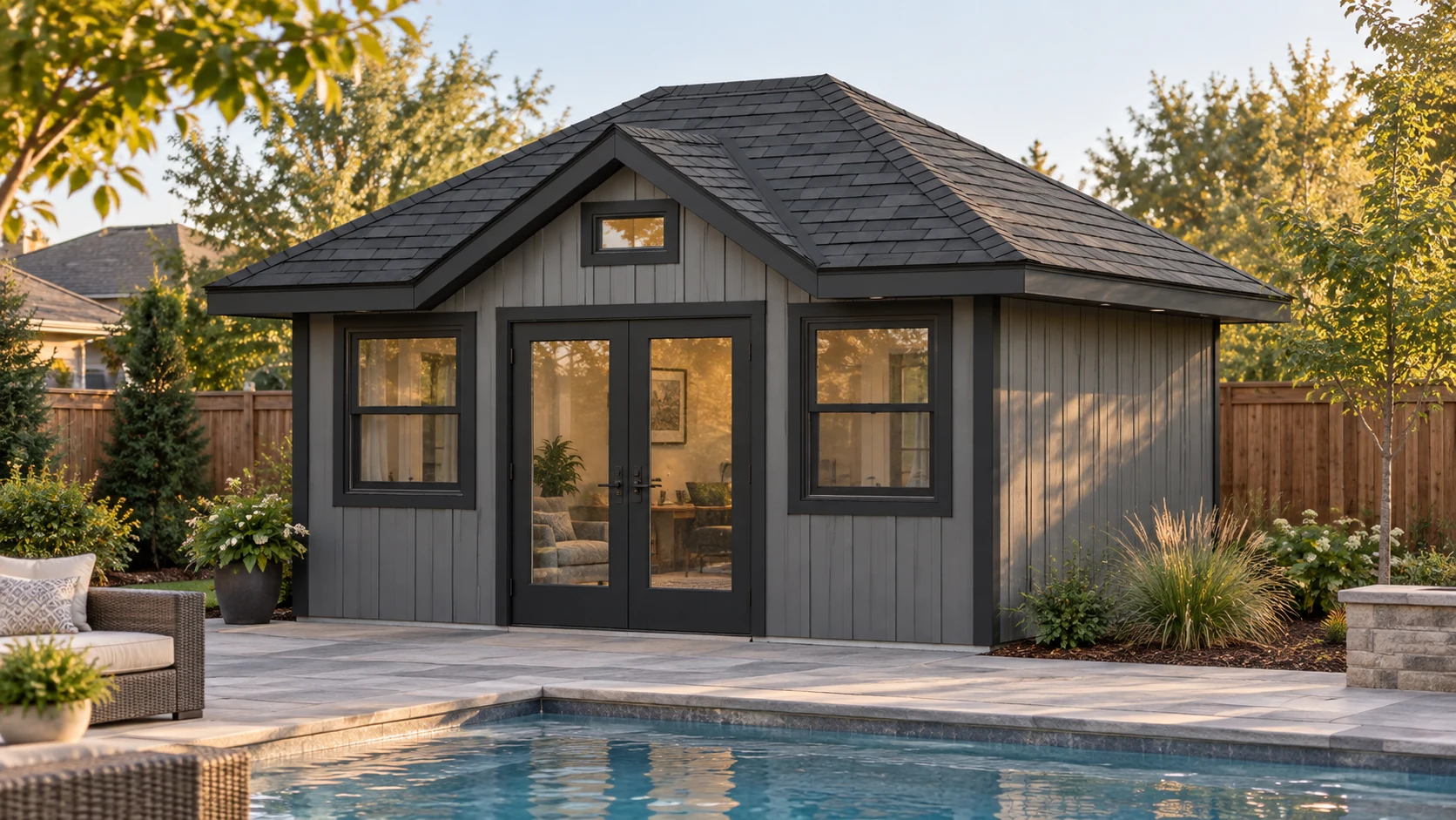Dark gray backyard office and pool house with a hip-and-cross-gable roof