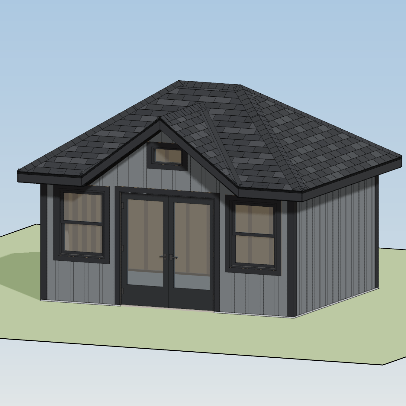HomeCat exterior model of the dark gray office and pool house
