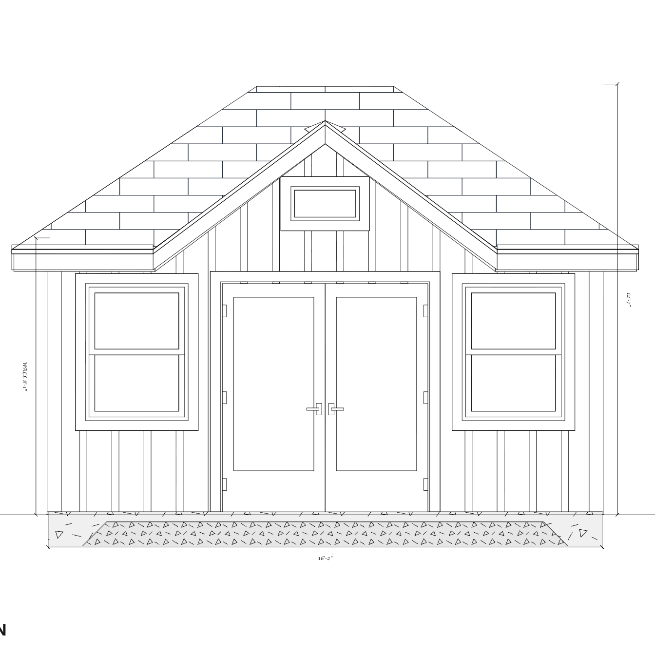 Dimensioned front elevation of the custom shed