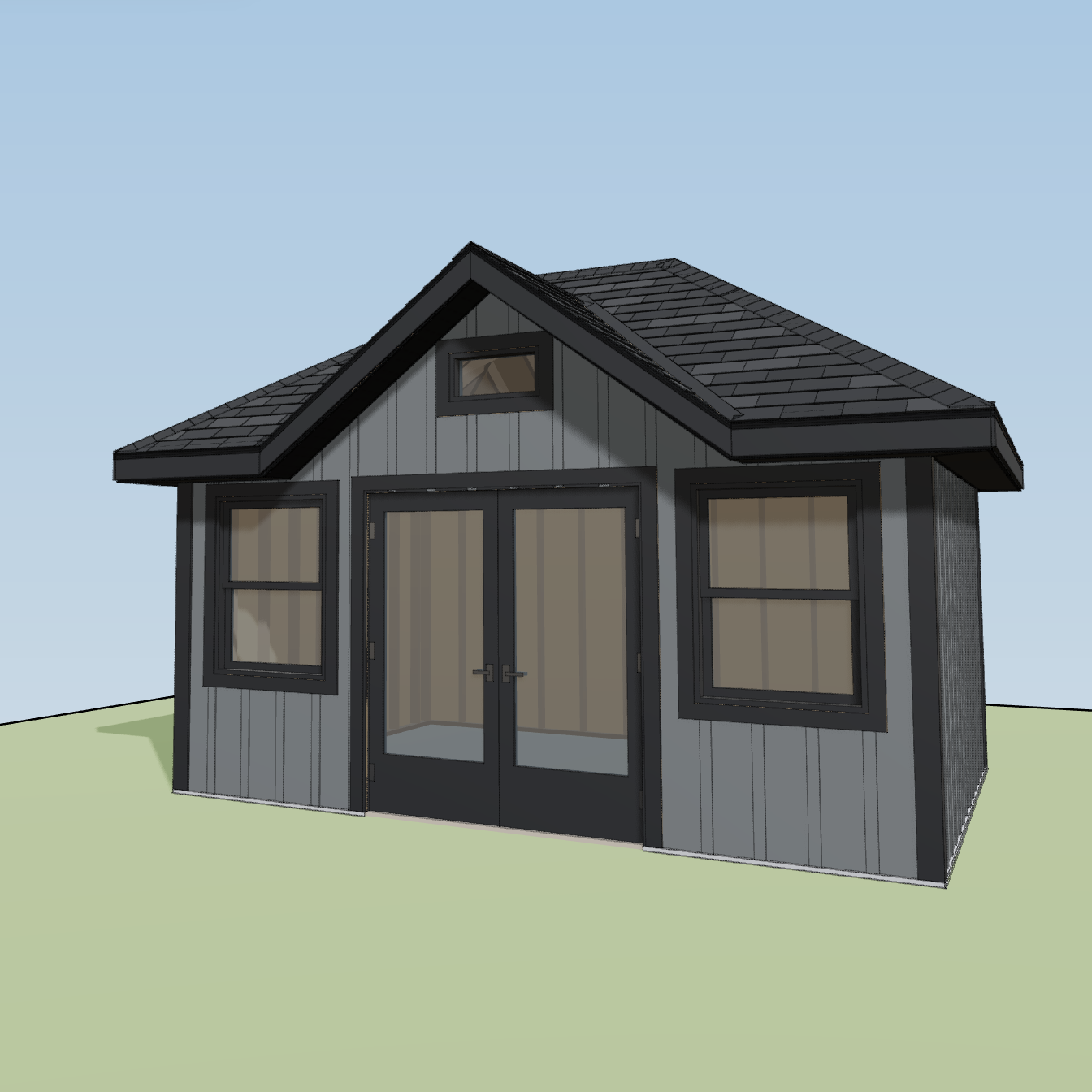 Straight-on HomeCat view of the cross gable entering the shed's hipped main roof