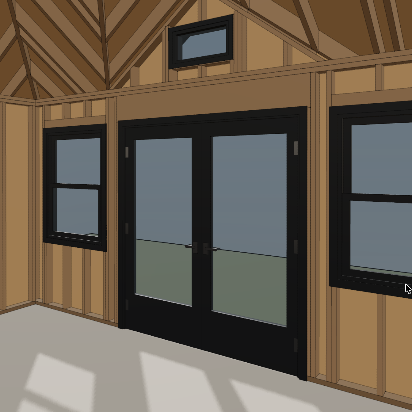 Interior model showing the doors, flanking windows, transom, and open roof volume