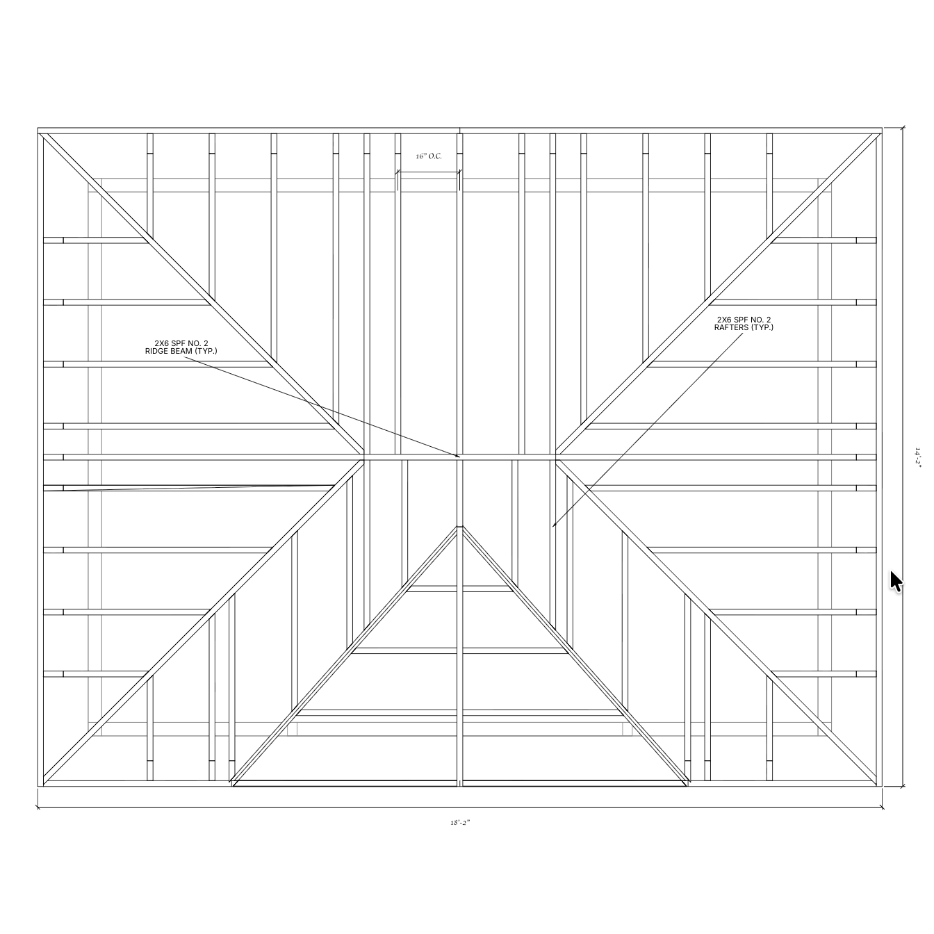 Dimensioned roof-framing plan for the hip-and-cross-gable shed
