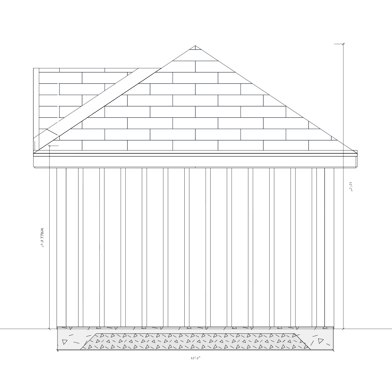Dimensioned side elevation of the 12-foot-deep custom shed