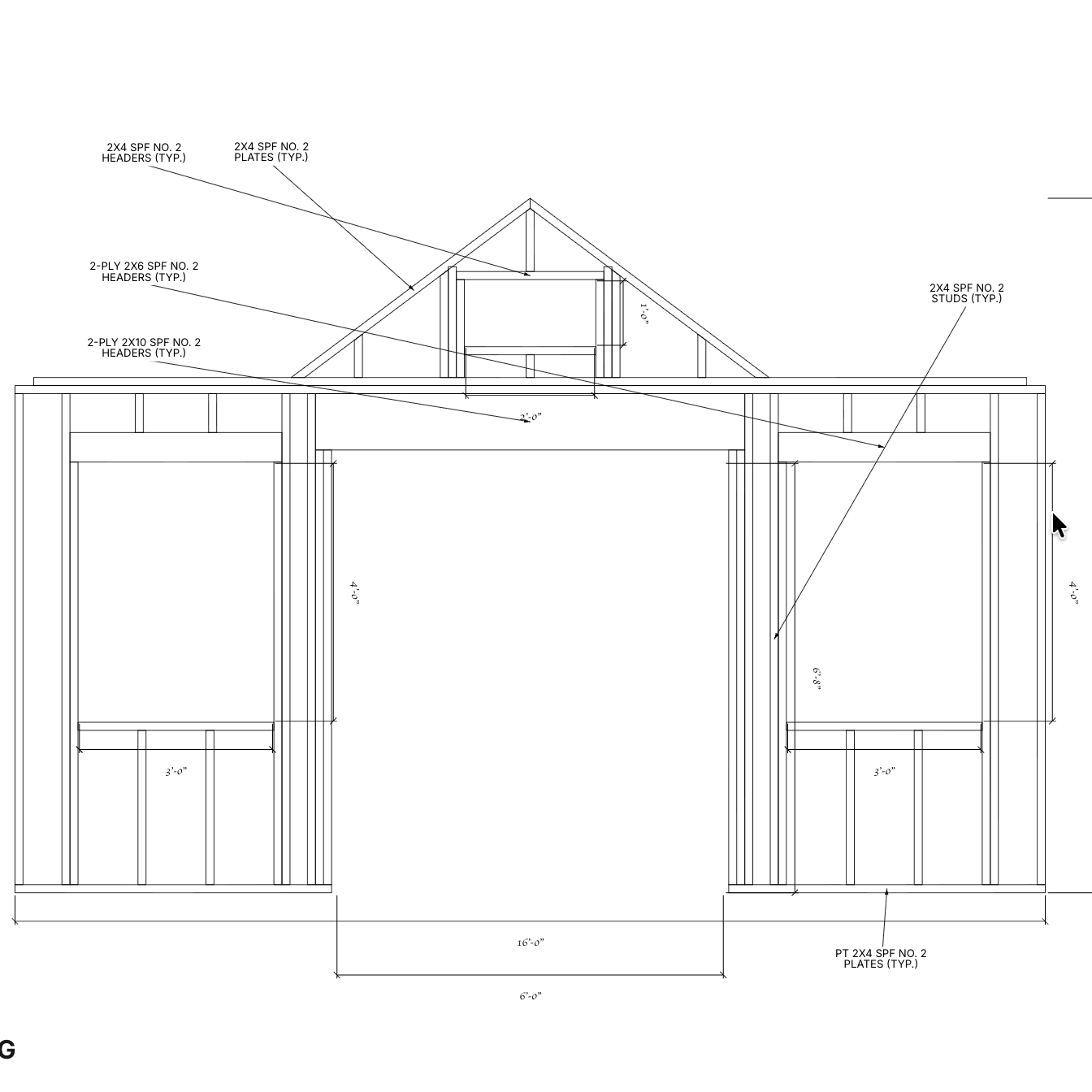 Dimensioned wall-framing drawing for the custom backyard office and pool house