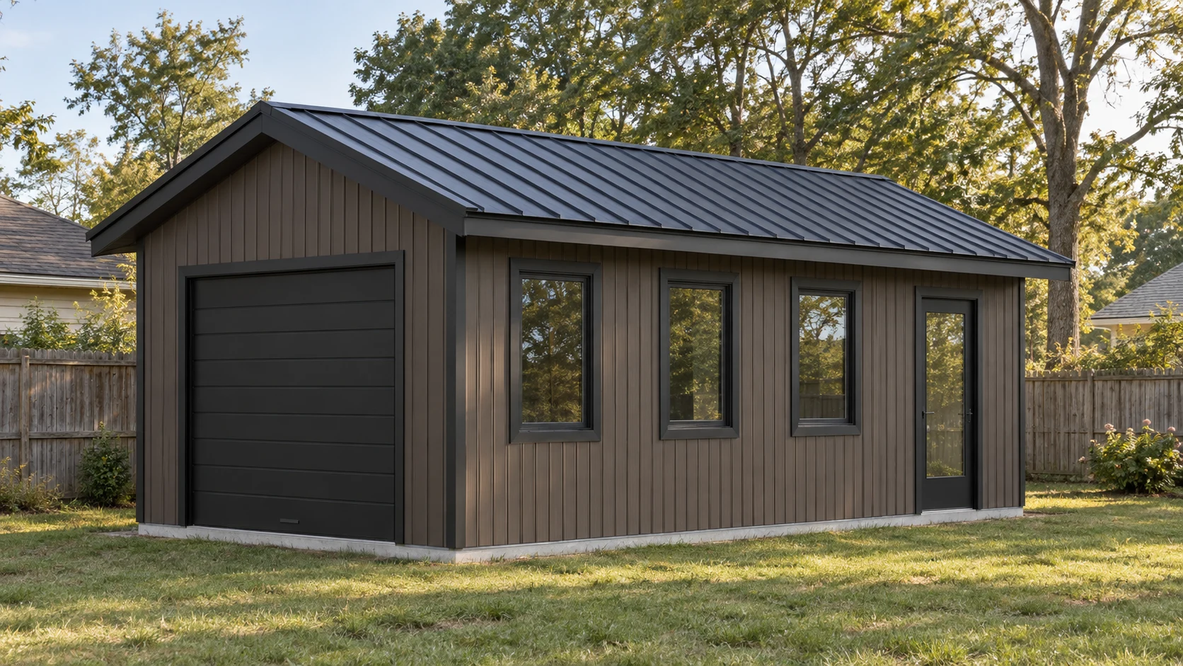 Dark 12-by-24 workshop with a garage door, windows, and entry door