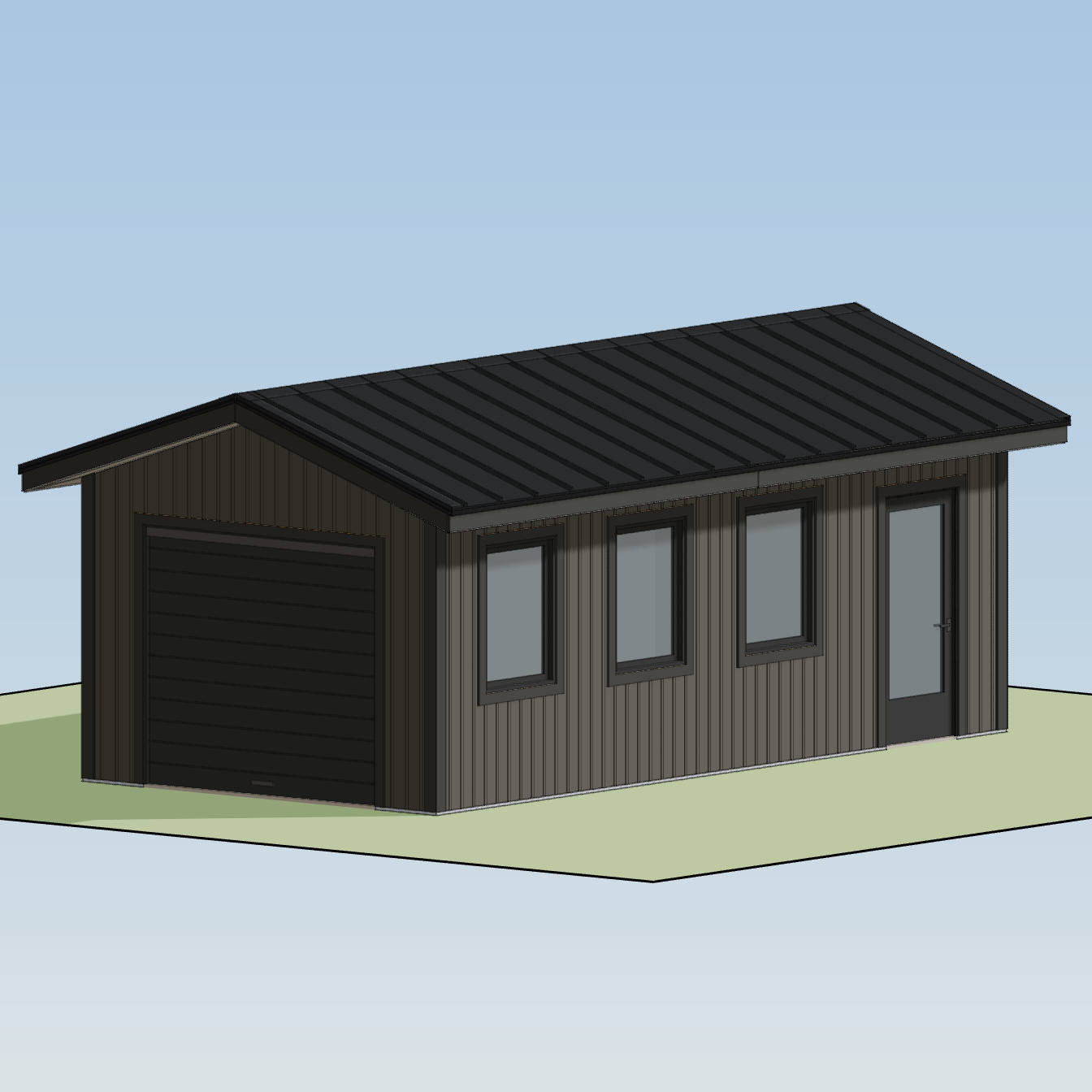 HomeCat exterior model of the dark 12-by-24 workshop