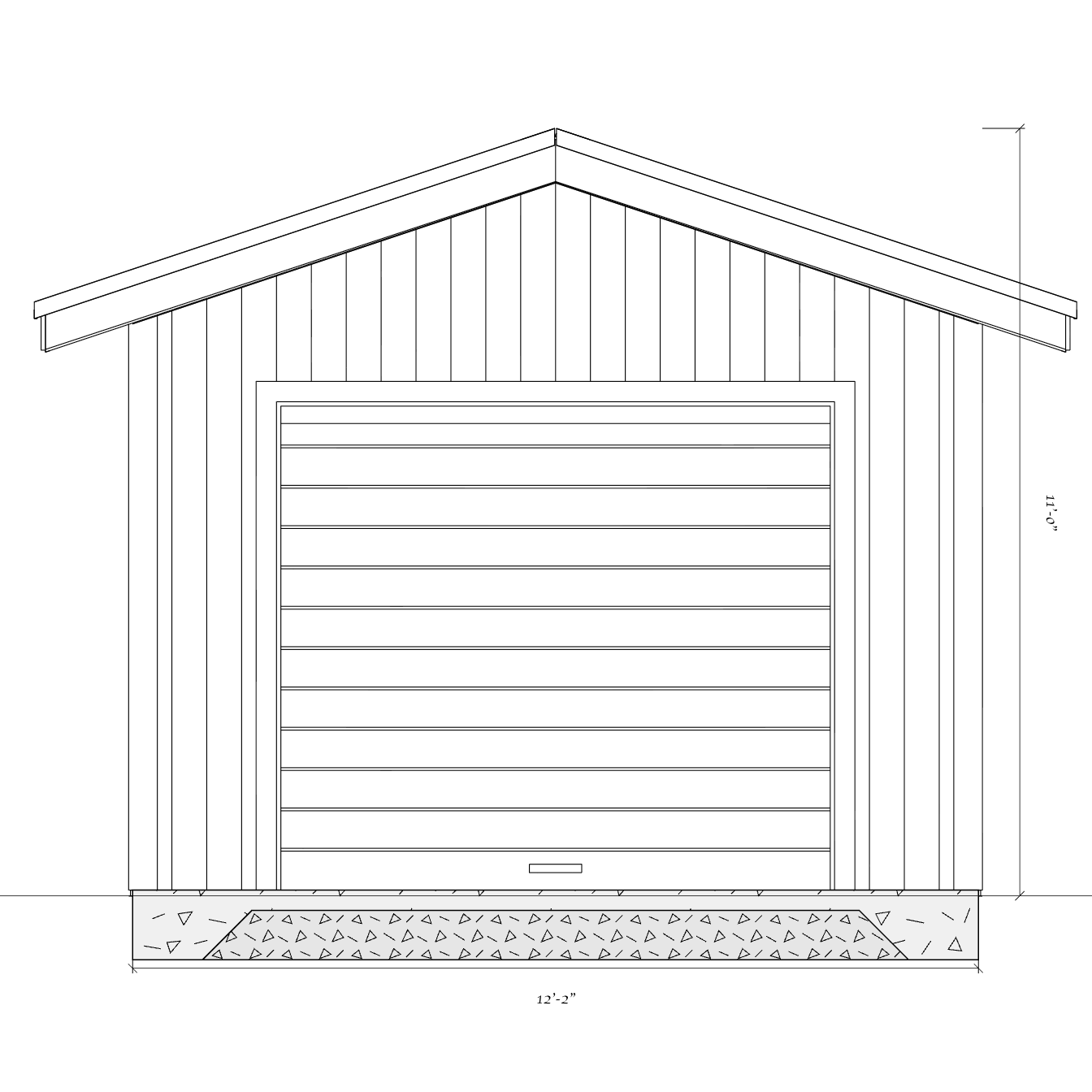 Completed front elevation drawing for a 12 by 24 backyard workshop