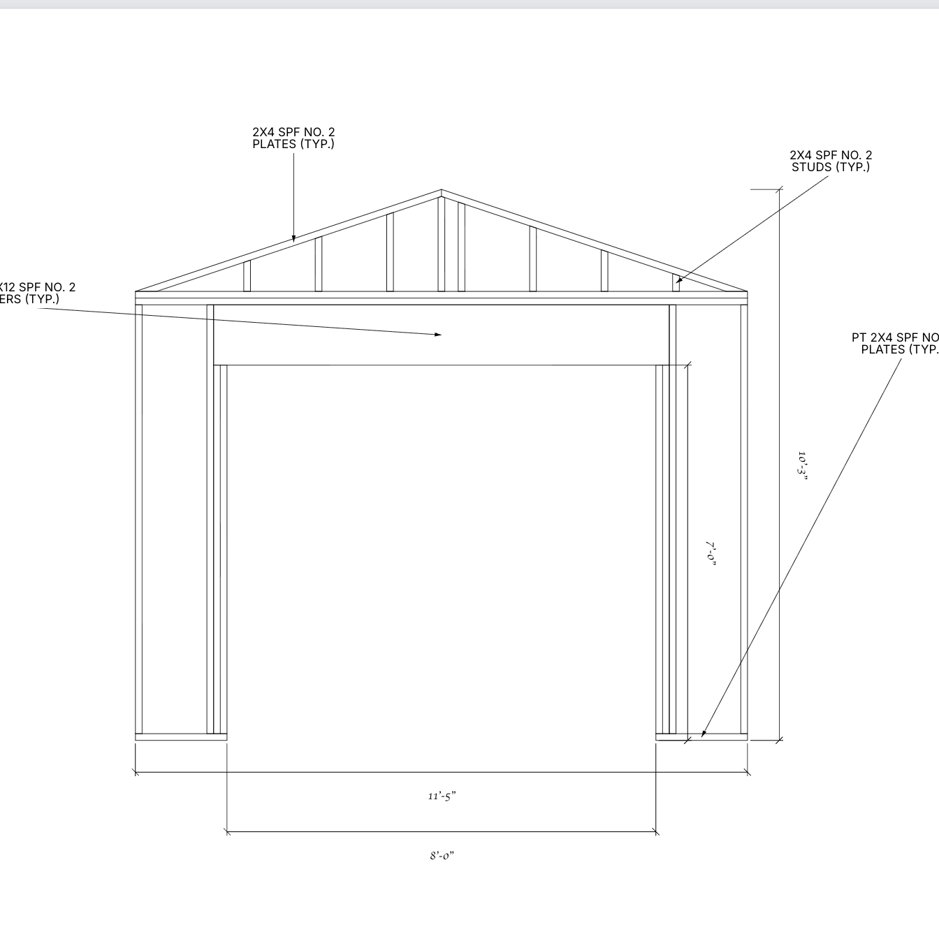 Dimensioned framing drawing for the workshop garage-door wall
