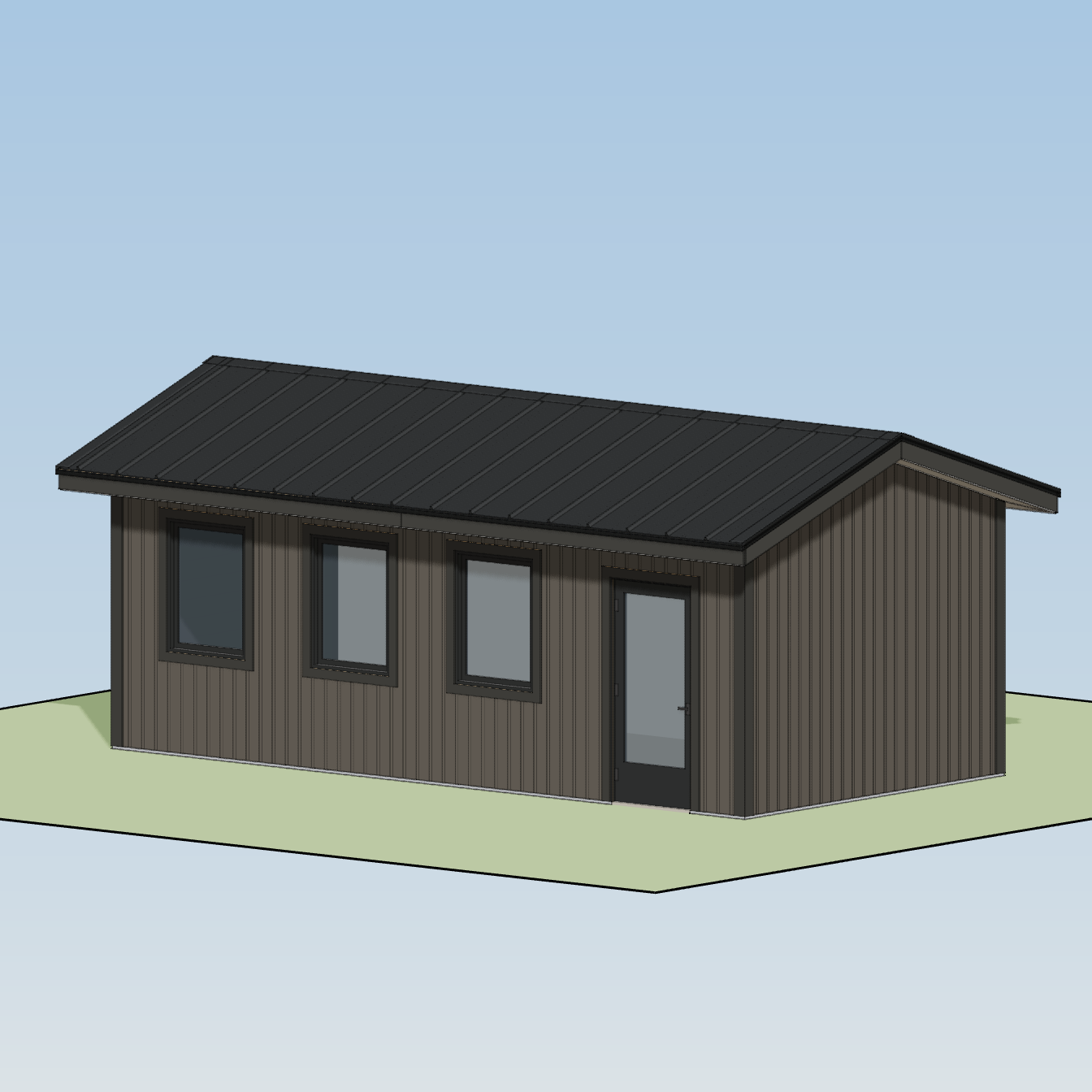 Exterior model of the 24-foot workshop wall with three windows and an entry door