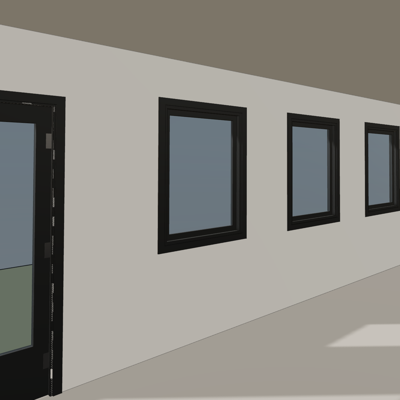 Interior model view along the workshop wall with three windows
