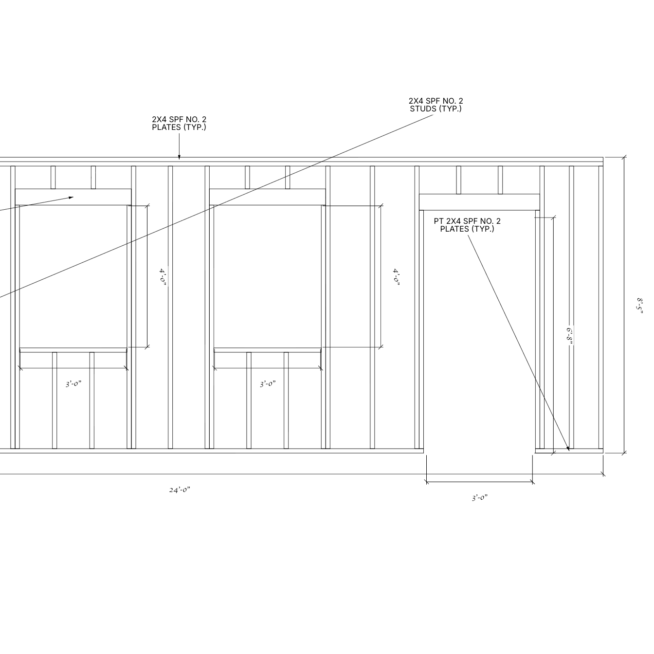 Dimensioned framing drawing for the workshop window and entry-door wall