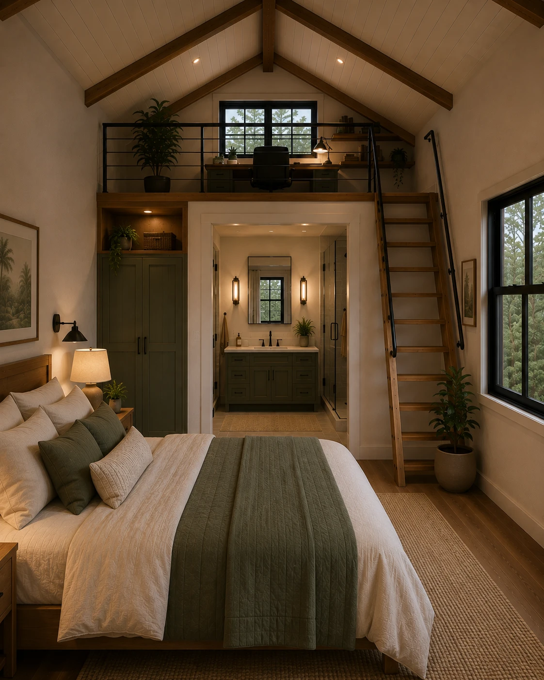 Customer AI concept showing a bedroom, bathroom, and office loft in a tiny pavilion