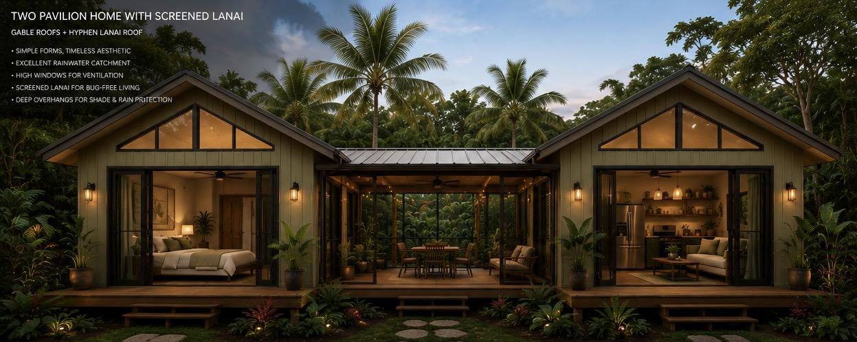 The customer’s AI-generated concept for two small dwellings joined by a screened lanai