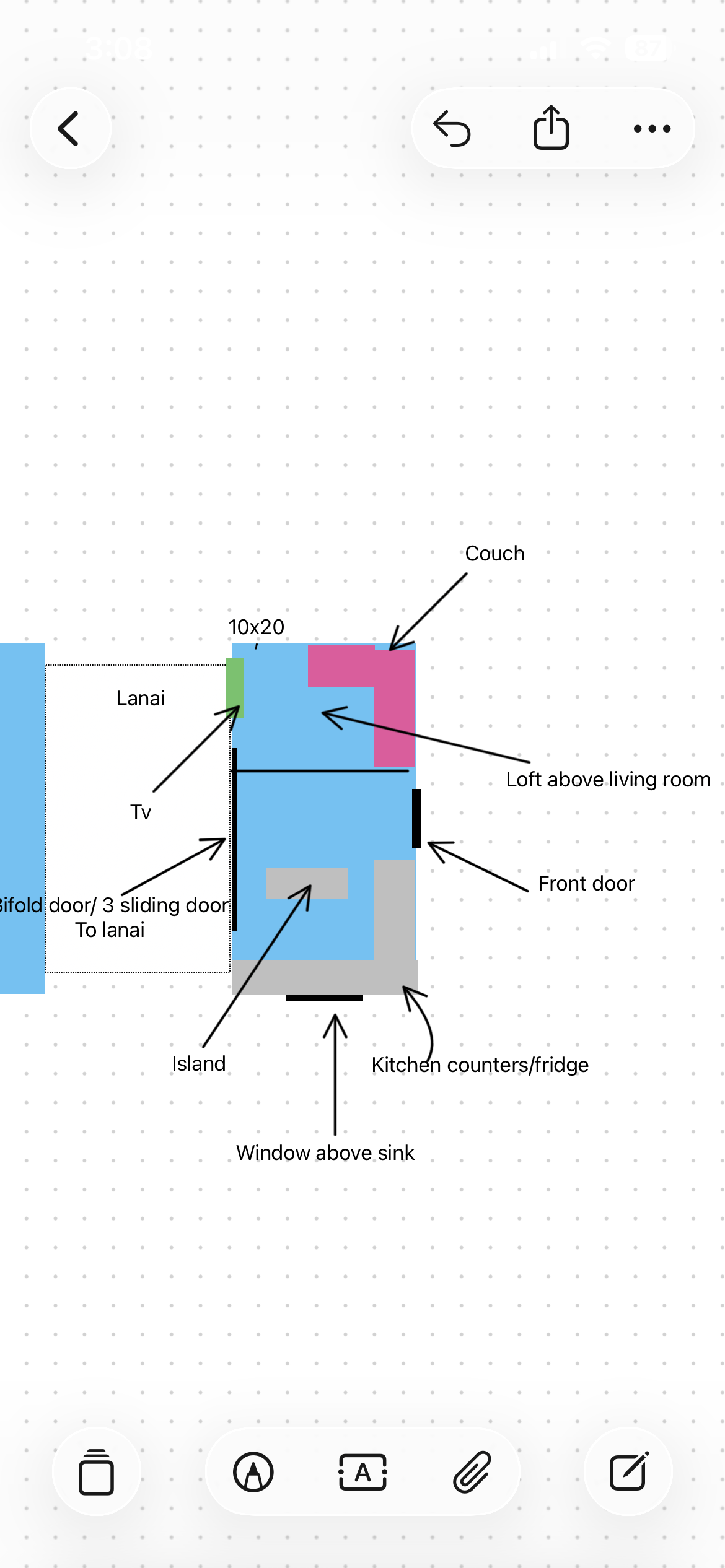 Customer floor-plan sketch for a 10-by-20-foot living pavilion with a central island