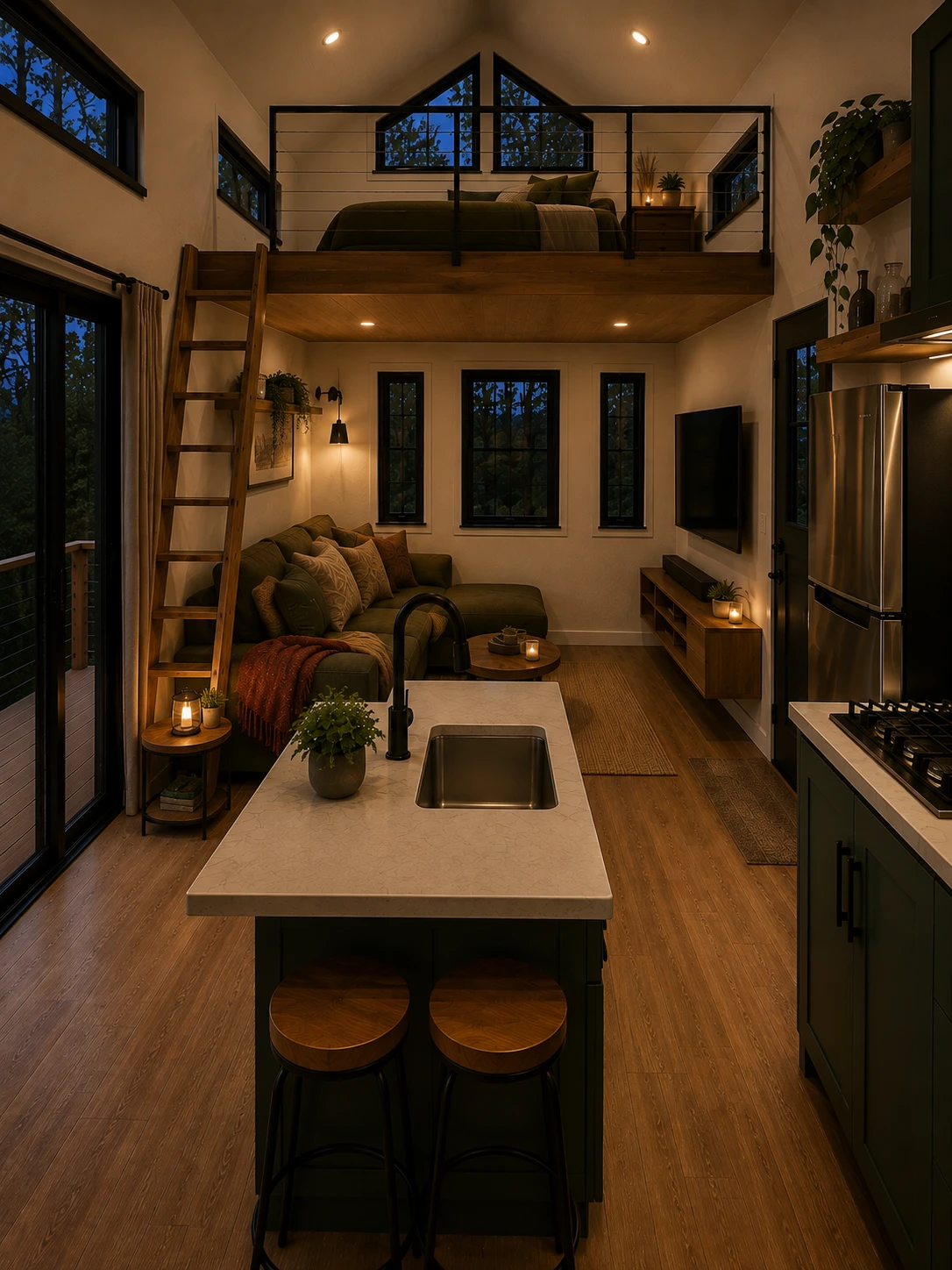 Customer AI concept showing a kitchen island with a sink in the middle of a tiny living pavilion