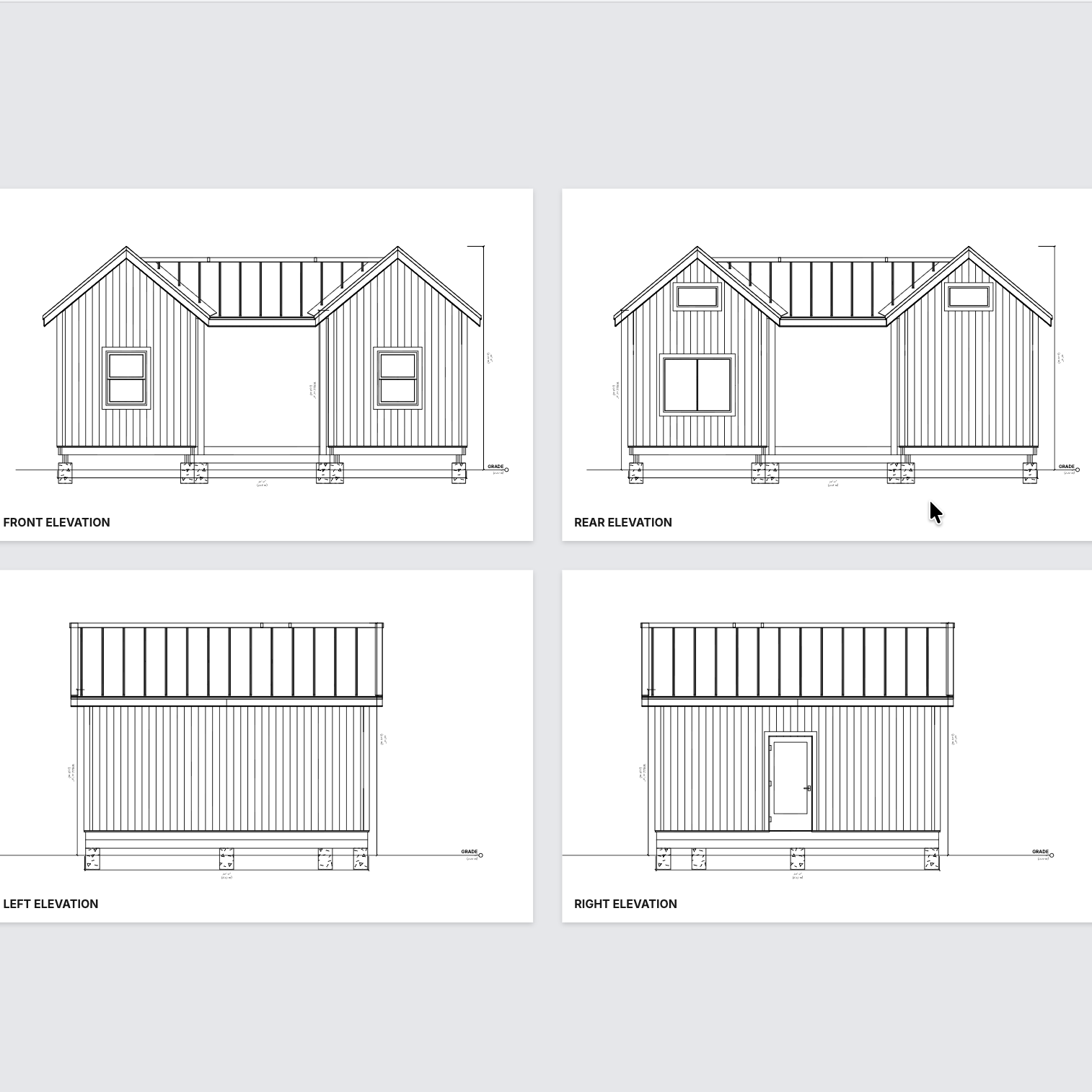Completed exterior elevation drawings for a two-pavilion tiny home