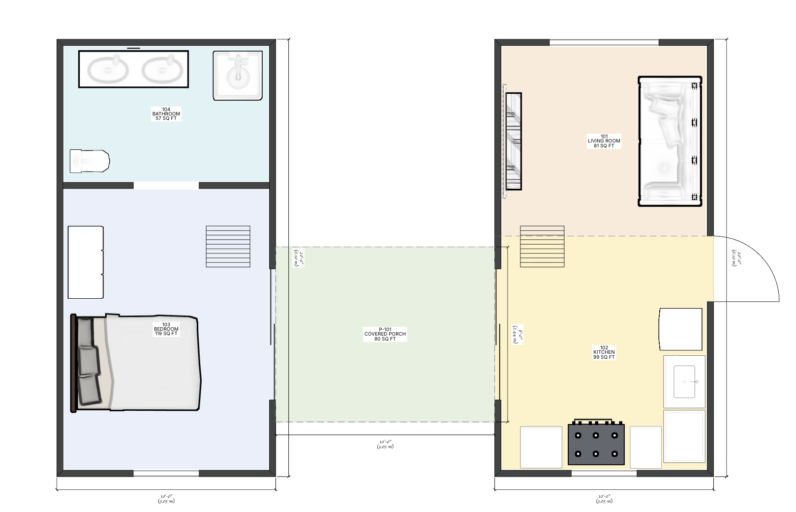 Dimensioned ground-floor plan of the two Maui tiny-home pavilions and covered lanai