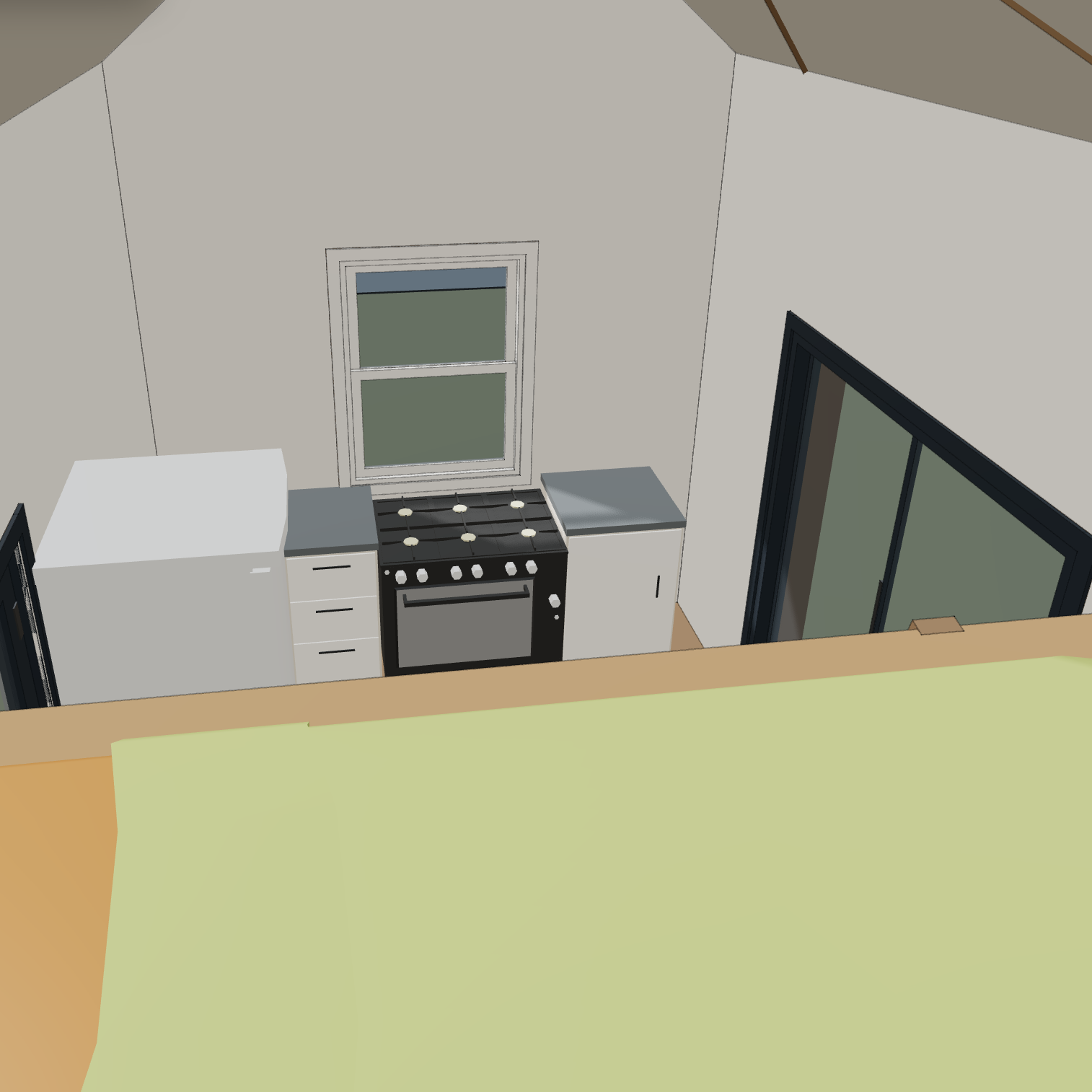 Interior rendering from the loft showing the compact kitchen and sliding lanai door