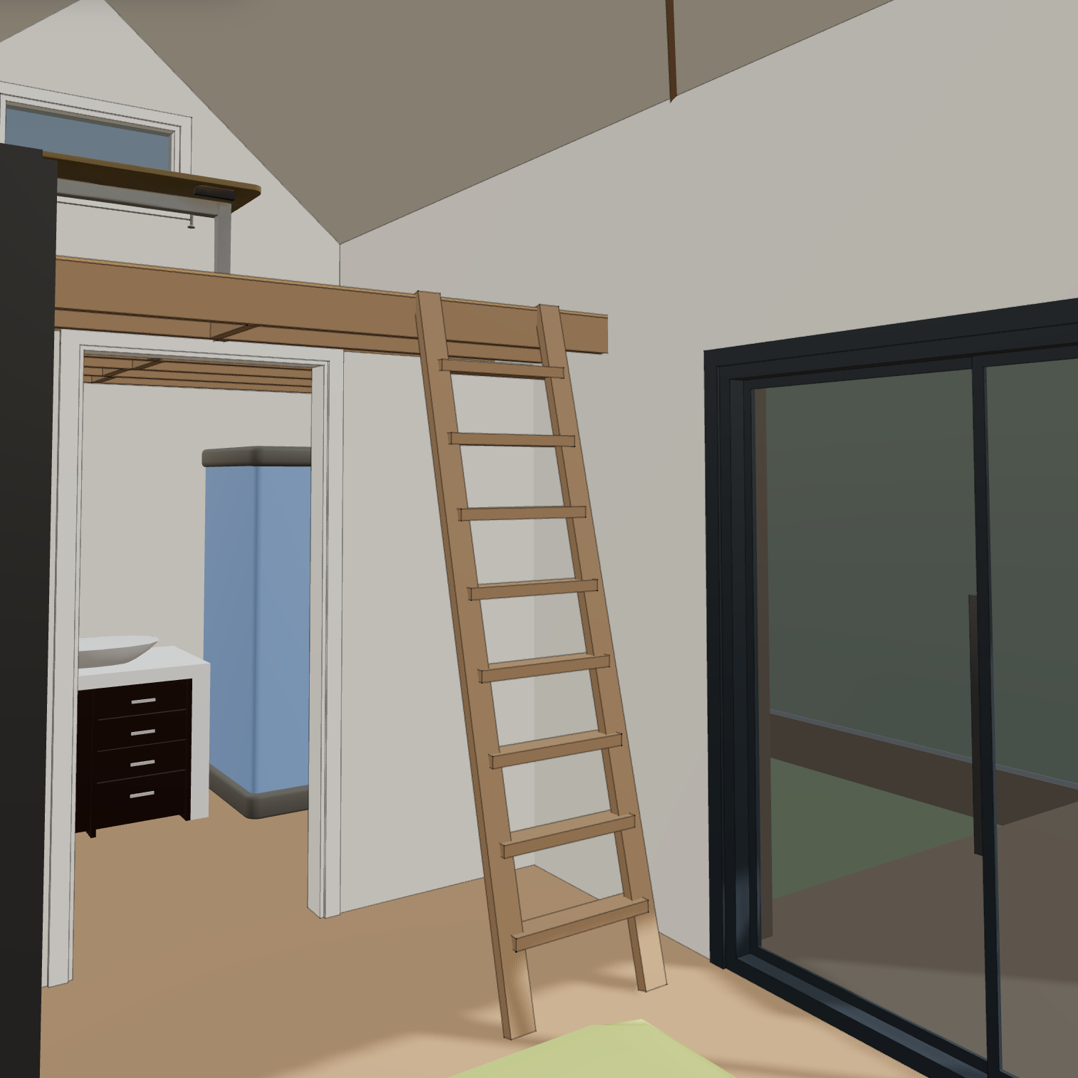 Interior rendering showing the loft ladder beside the bathroom and sliding lanai door