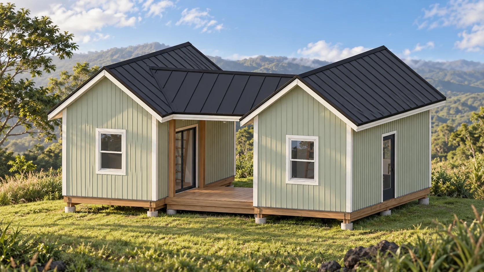 Two pale green tiny-home pavilions connected by a covered lanai in Maui
