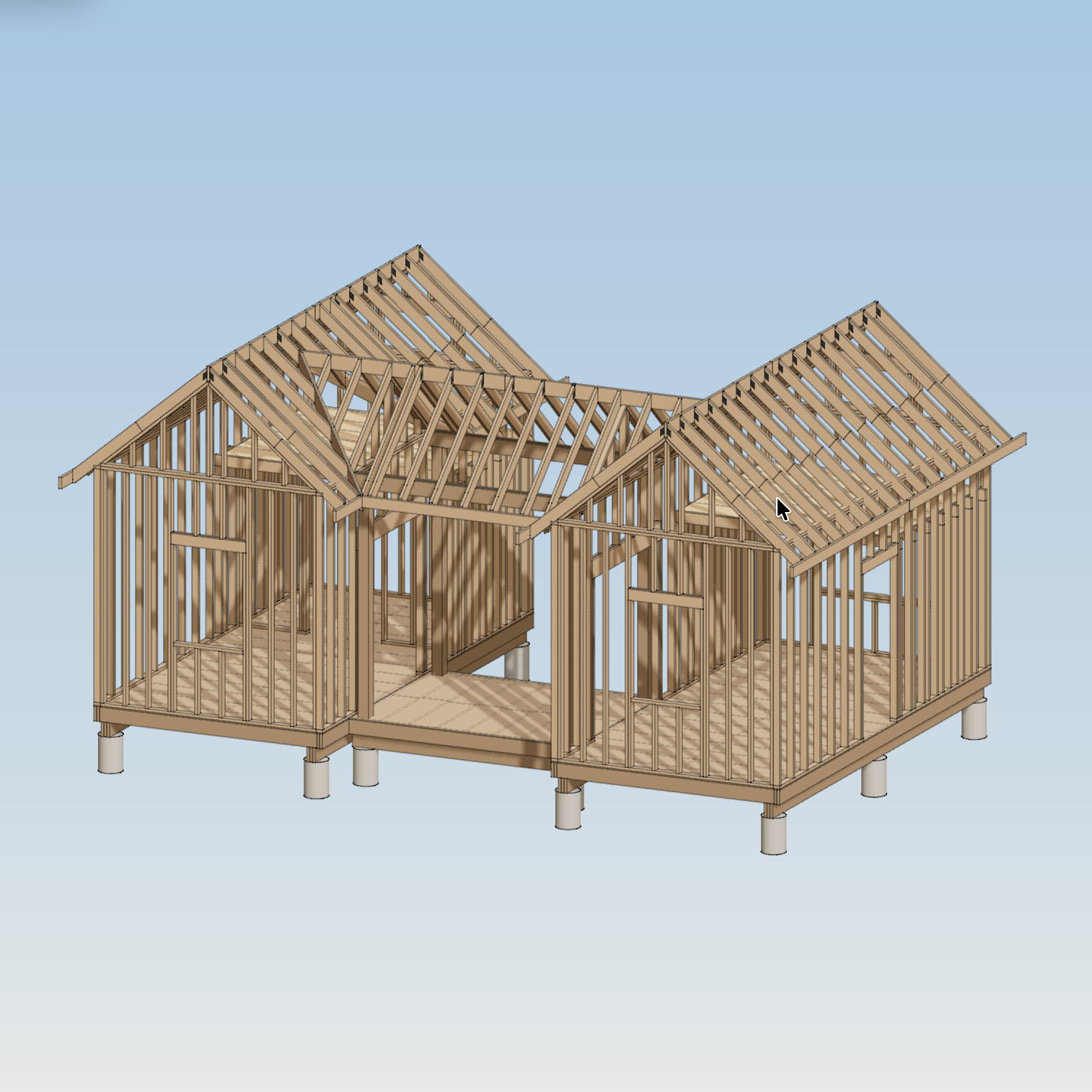 Structural framing rendering of the two tiny-home pavilions and connected lanai roof