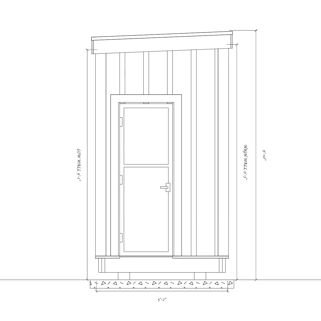 Dimensioned door-side elevation of the mini backyard sauna
