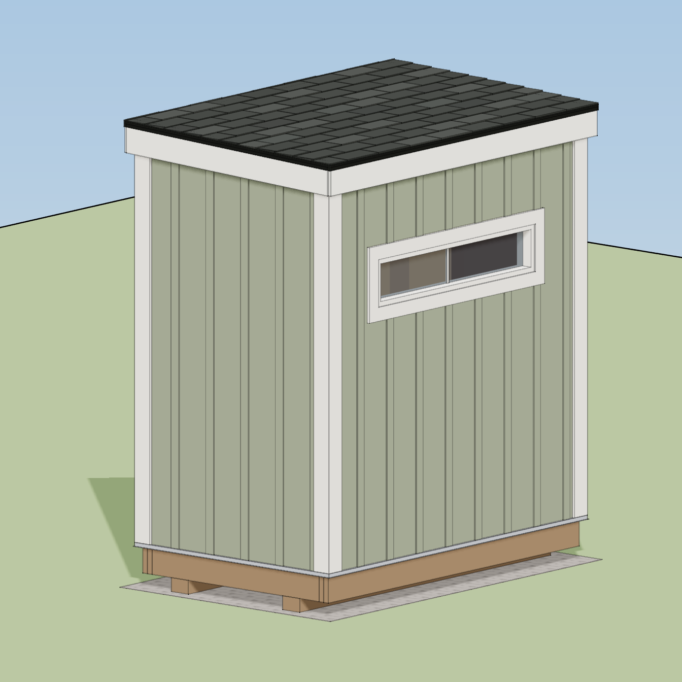 Exterior rendering of an olive board-and-batten backyard sauna with a shallow single-slope roof