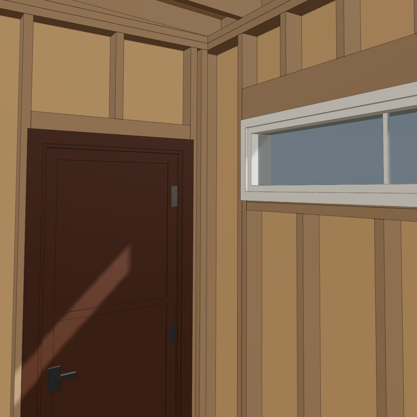Interior framing rendering showing the compact sauna door and high horizontal window