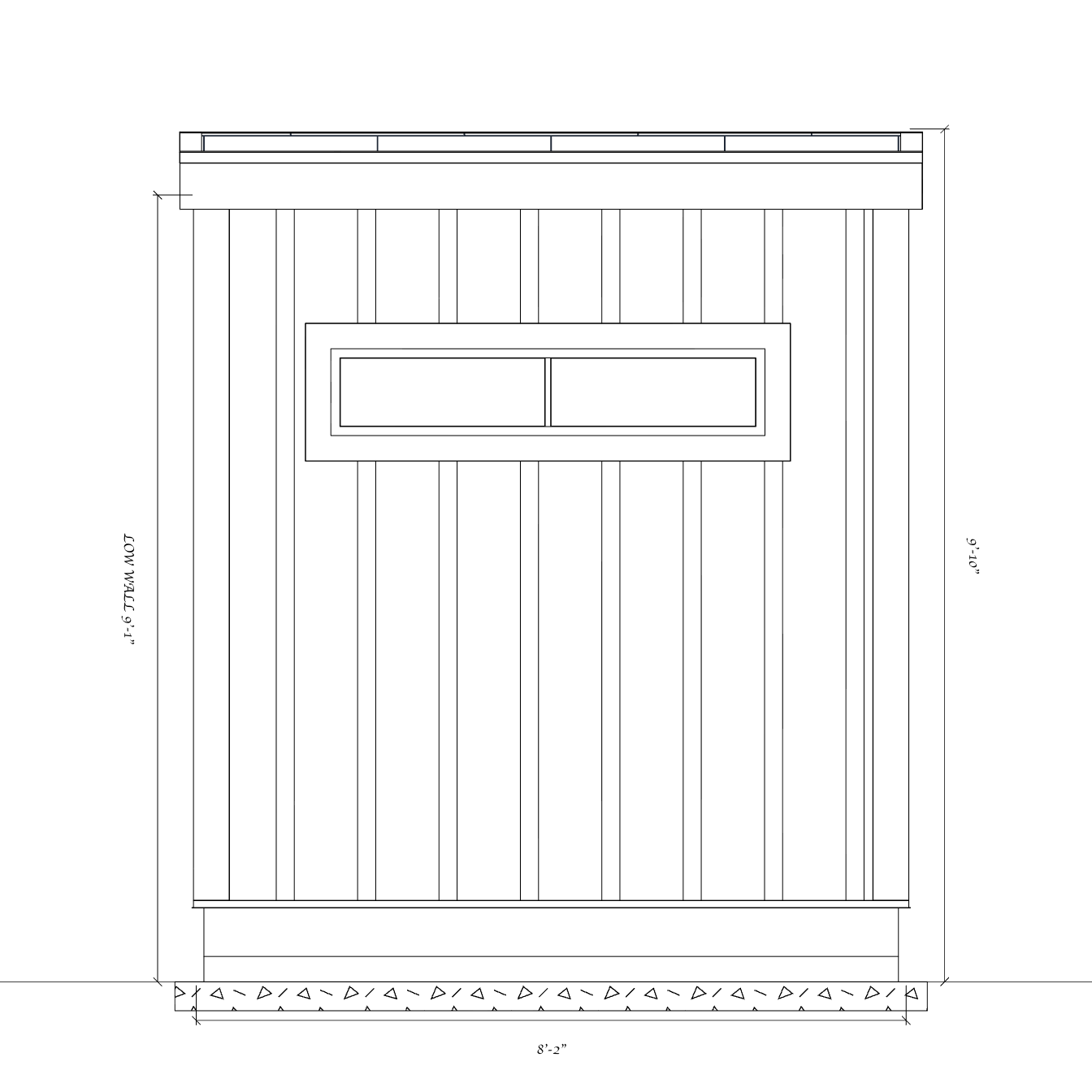 Dimensioned elevation of the sauna wall with its high horizontal window