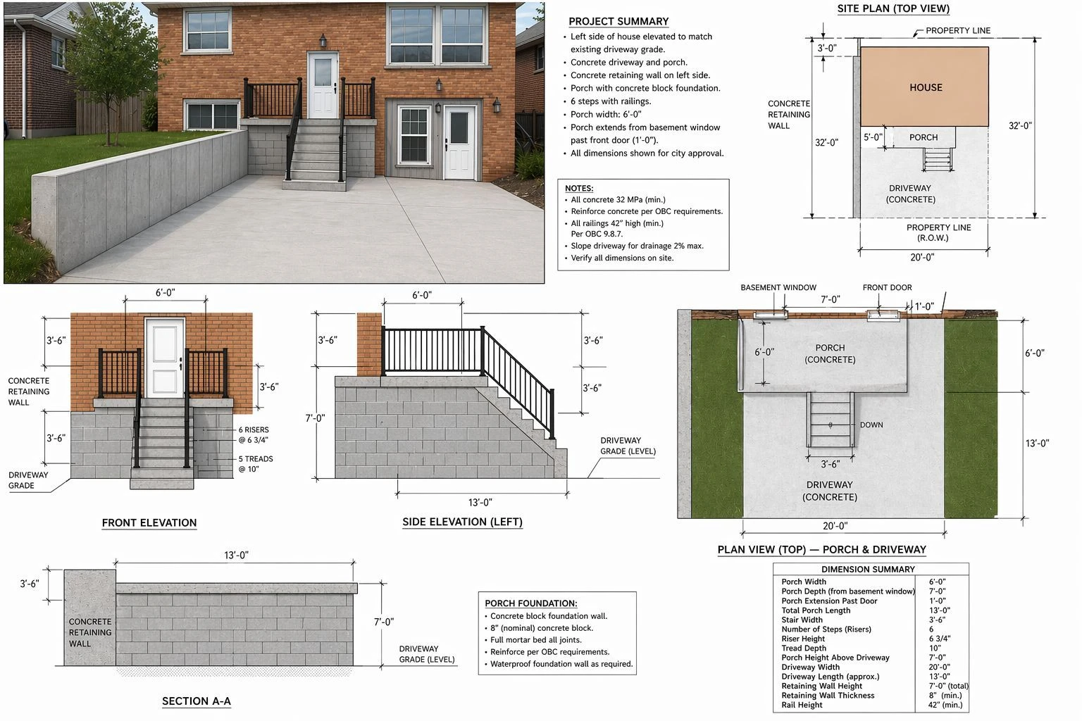 Contractor-generated concept sheet showing a concrete driveway, large concrete porch, tall retaining wall, elevations, and plan views