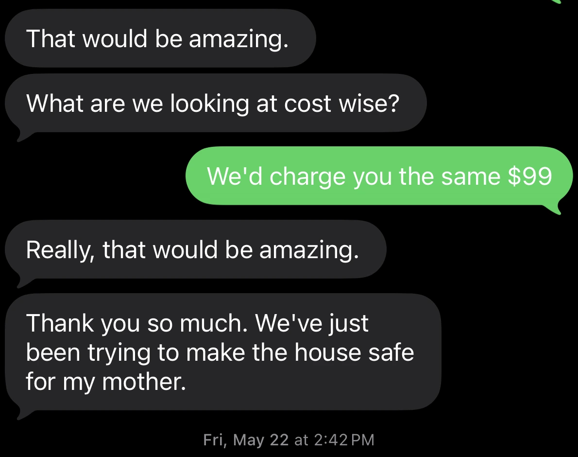 Anonymized customer text messages asking about cost and reacting to the 99-dollar site-plan price
