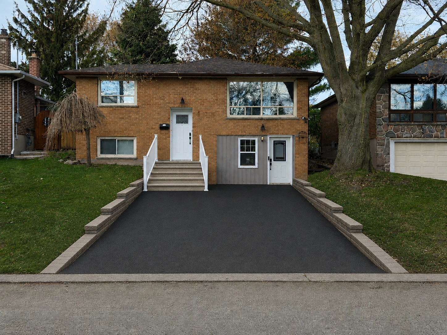 Homeowner-made visual reference showing a resurfaced asphalt driveway, centred front steps, and low segmental walls