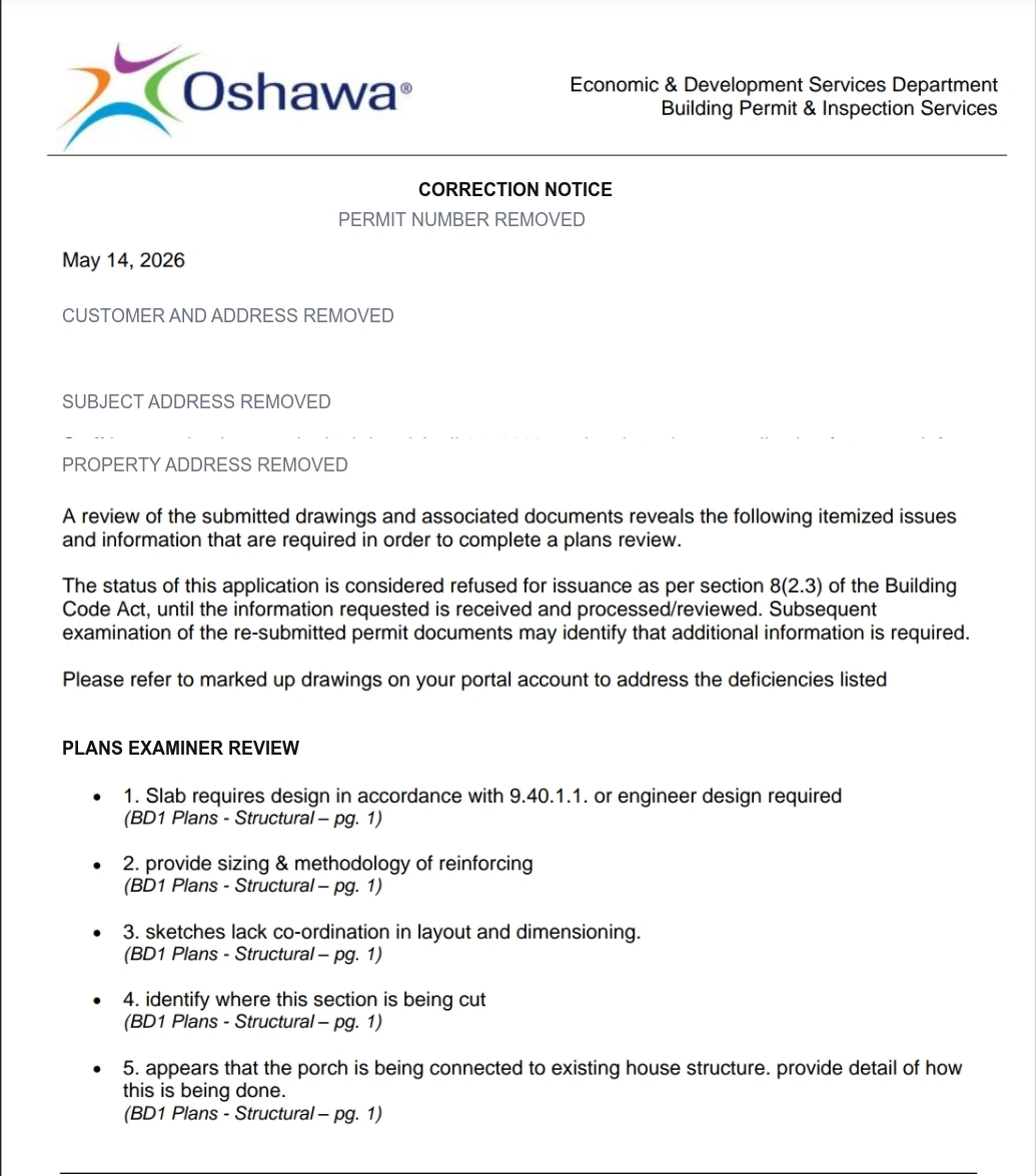 Anonymized City of Oshawa porch permit correction notice listing five structural drawing deficiencies