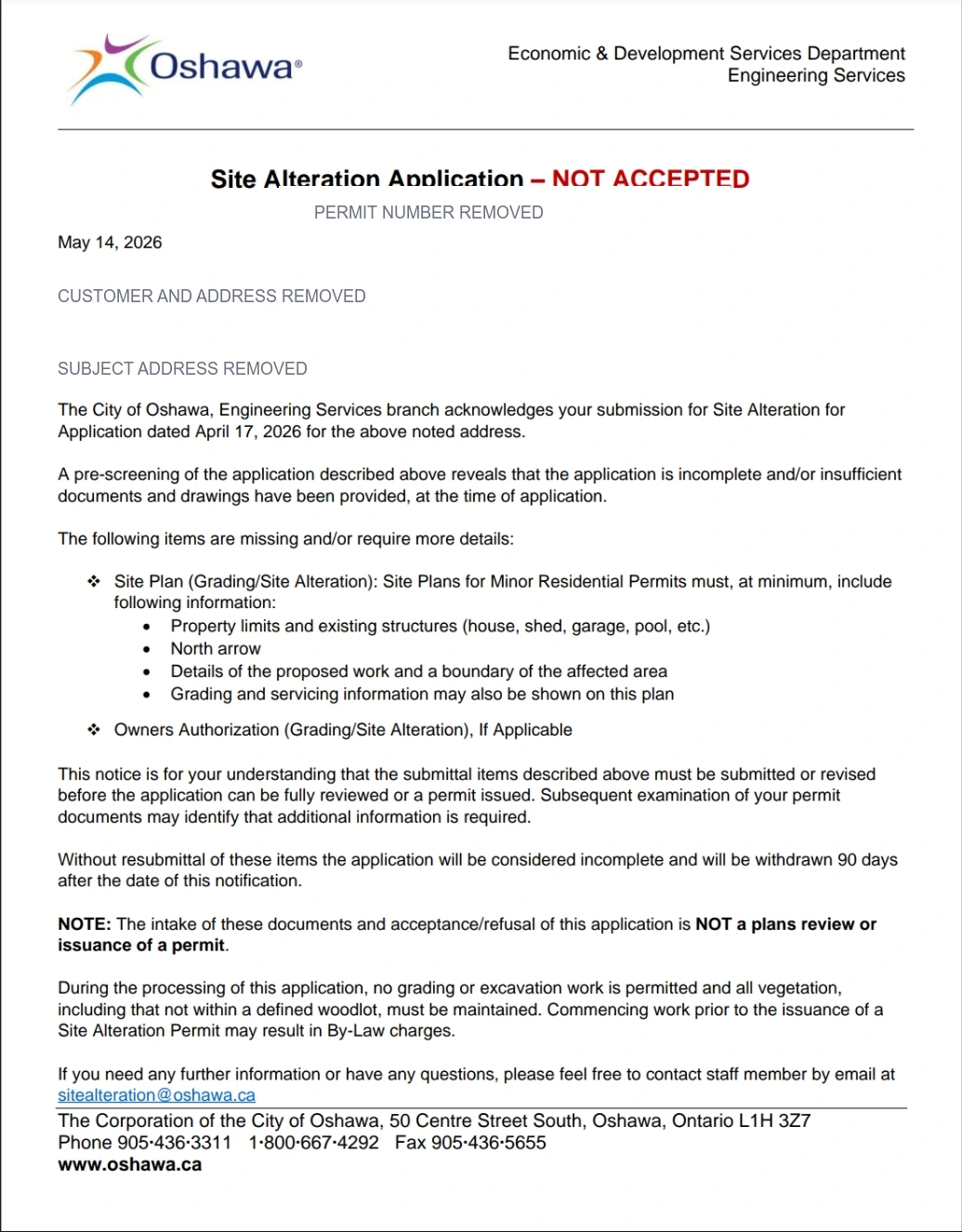 Anonymized City of Oshawa site-alteration rejection identifying missing property limits, existing structures, north arrow, work area, and grading information