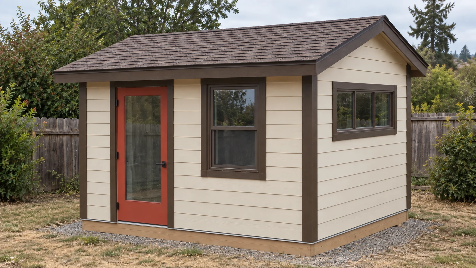 Cream 10-by-12-foot backyard shed with a brown gable roof, red door, and high side window