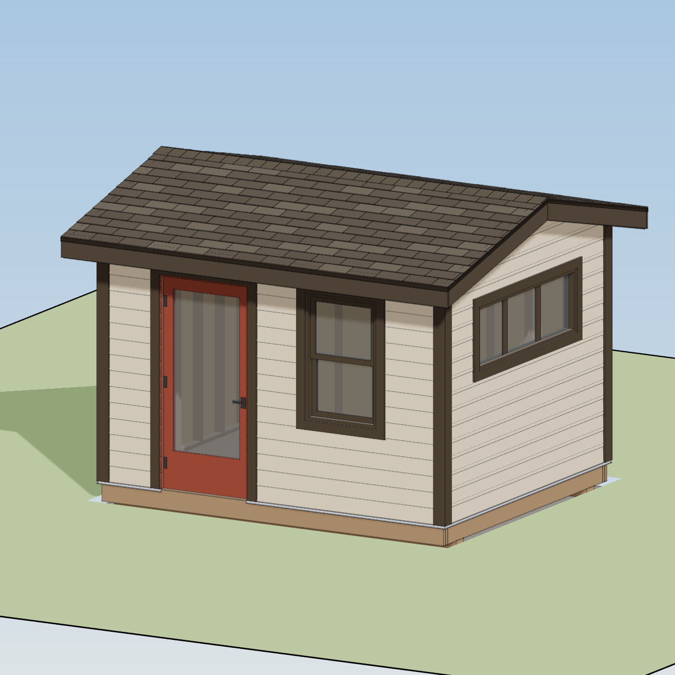 HomeCat exterior model of the cream 10-by-12 shed with a red glazed door and high side window