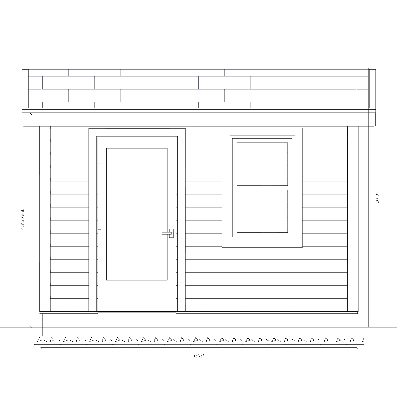 Dimensioned front elevation of the 12-foot shed wall with a red door and window