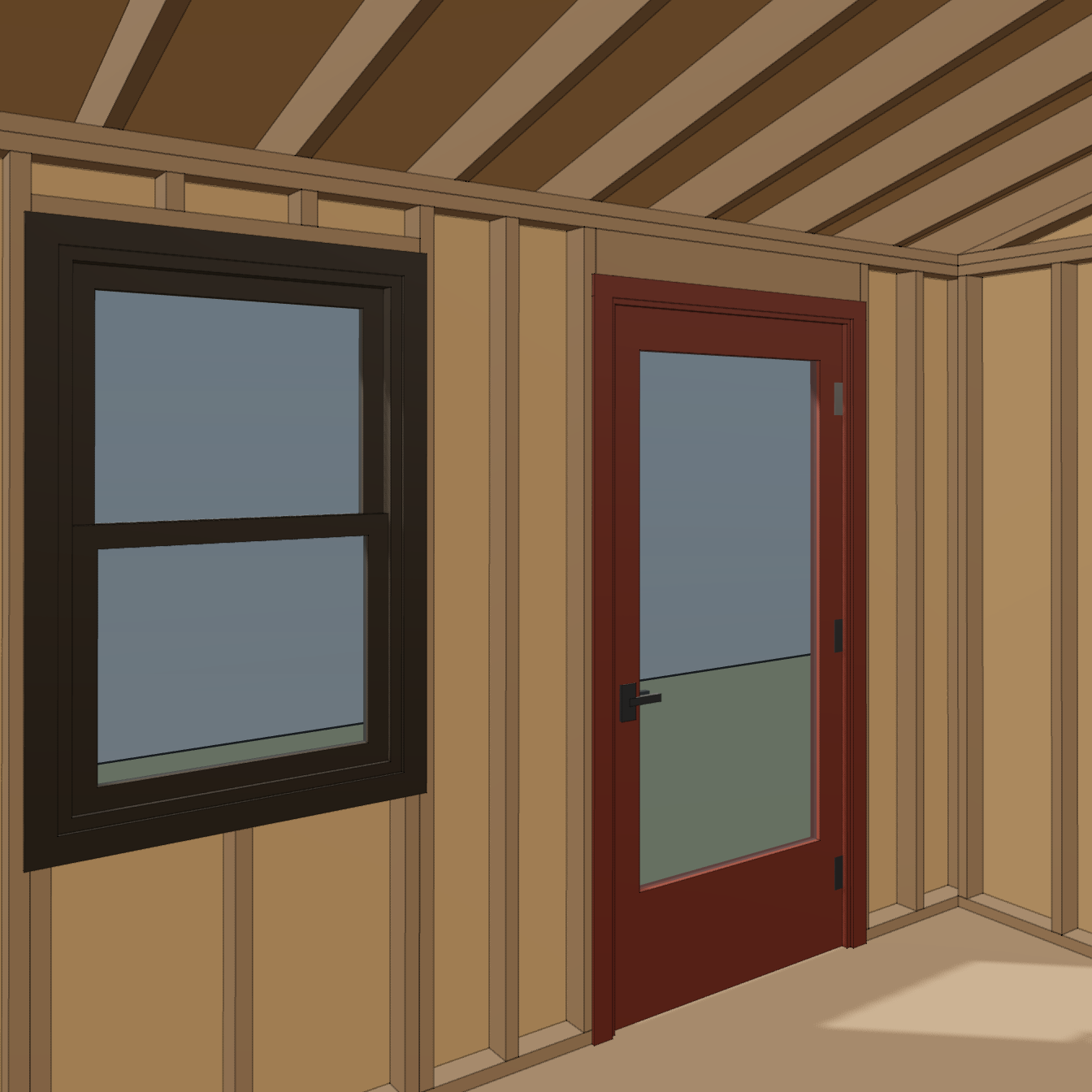 Interior framing view of the 10-by-12 shed with a front door and window