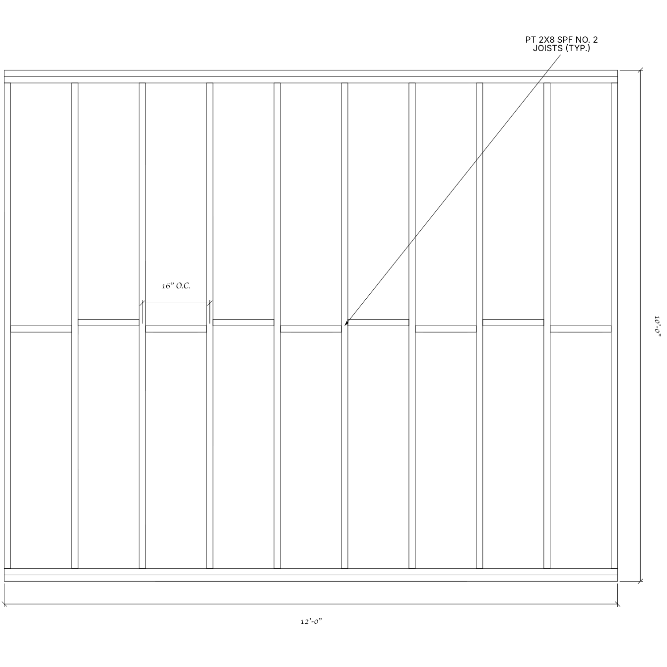 Dimensioned roof-framing plan for the simple gable-roof shed