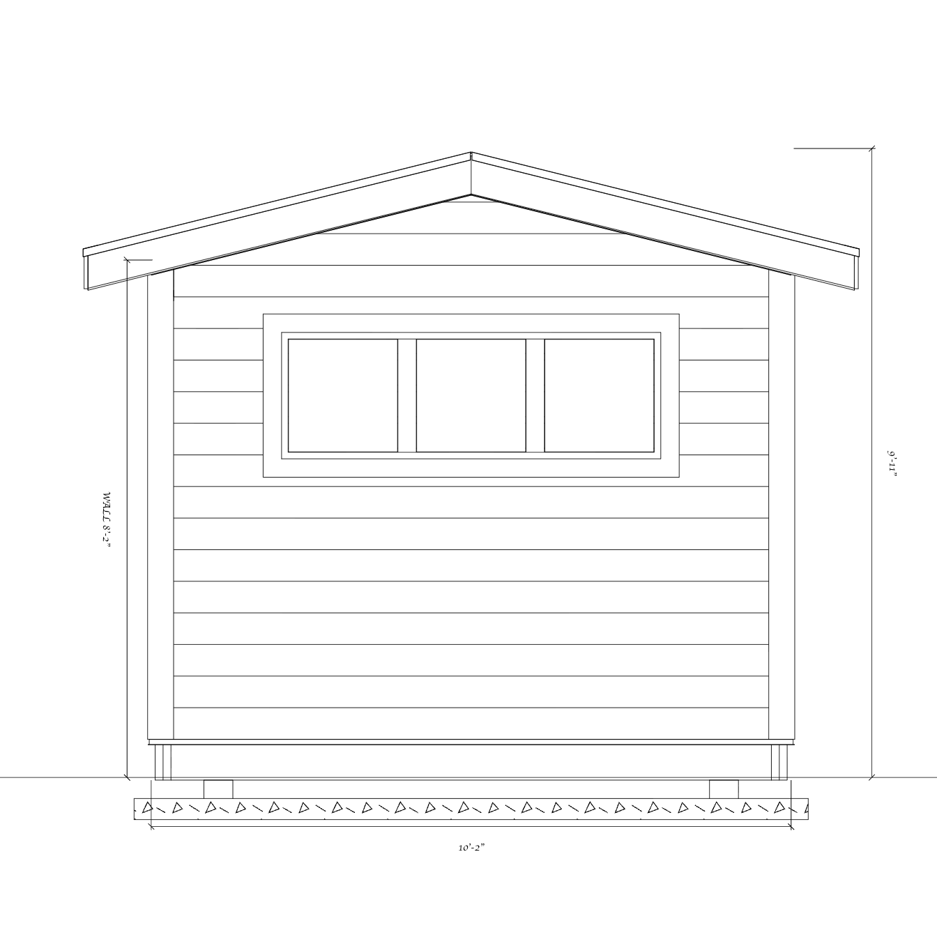 Dimensioned gable-end elevation of the 10-foot shed wall with a high horizontal window