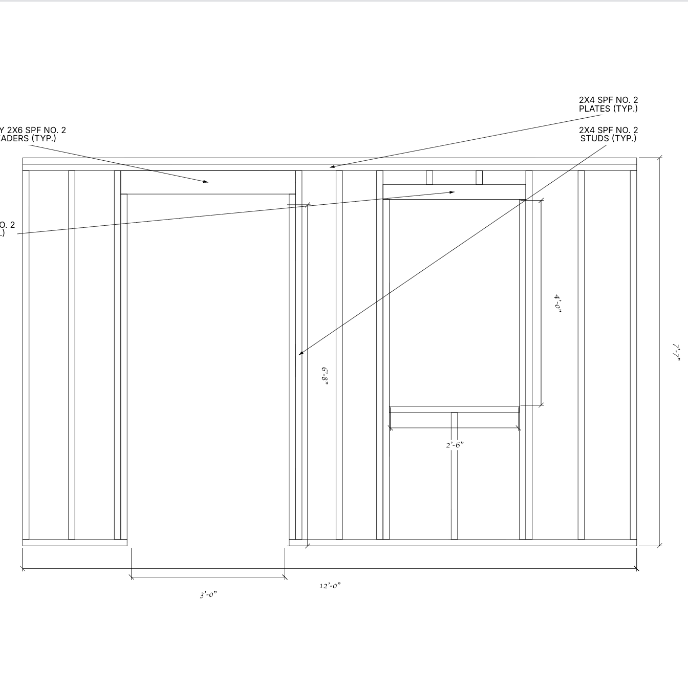 Dimensioned wall-framing drawing for the shed door and window wall