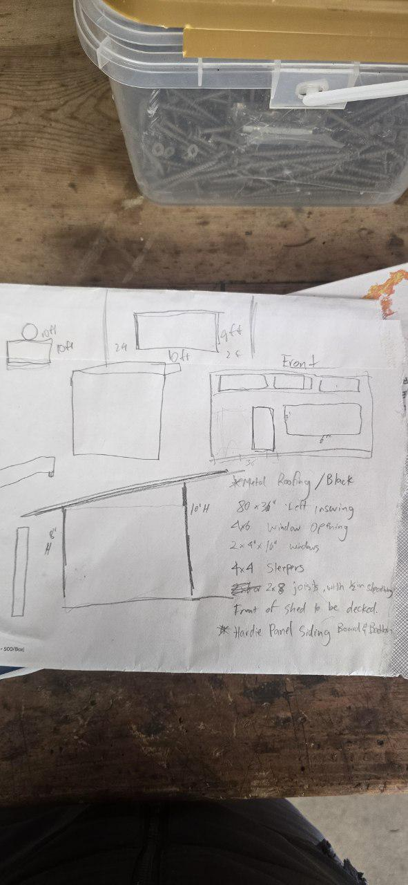 Customer hand drawing of a 10-by-10 shed with elevations, openings, and material notes