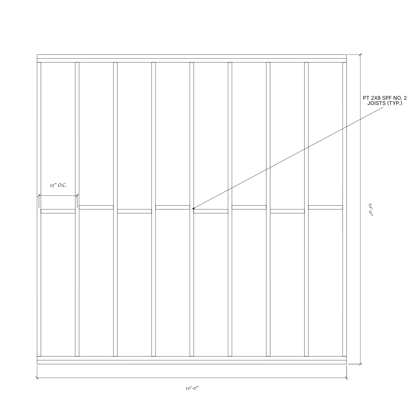 Floor-framing plan for the 10-by-10 shed on a raised base