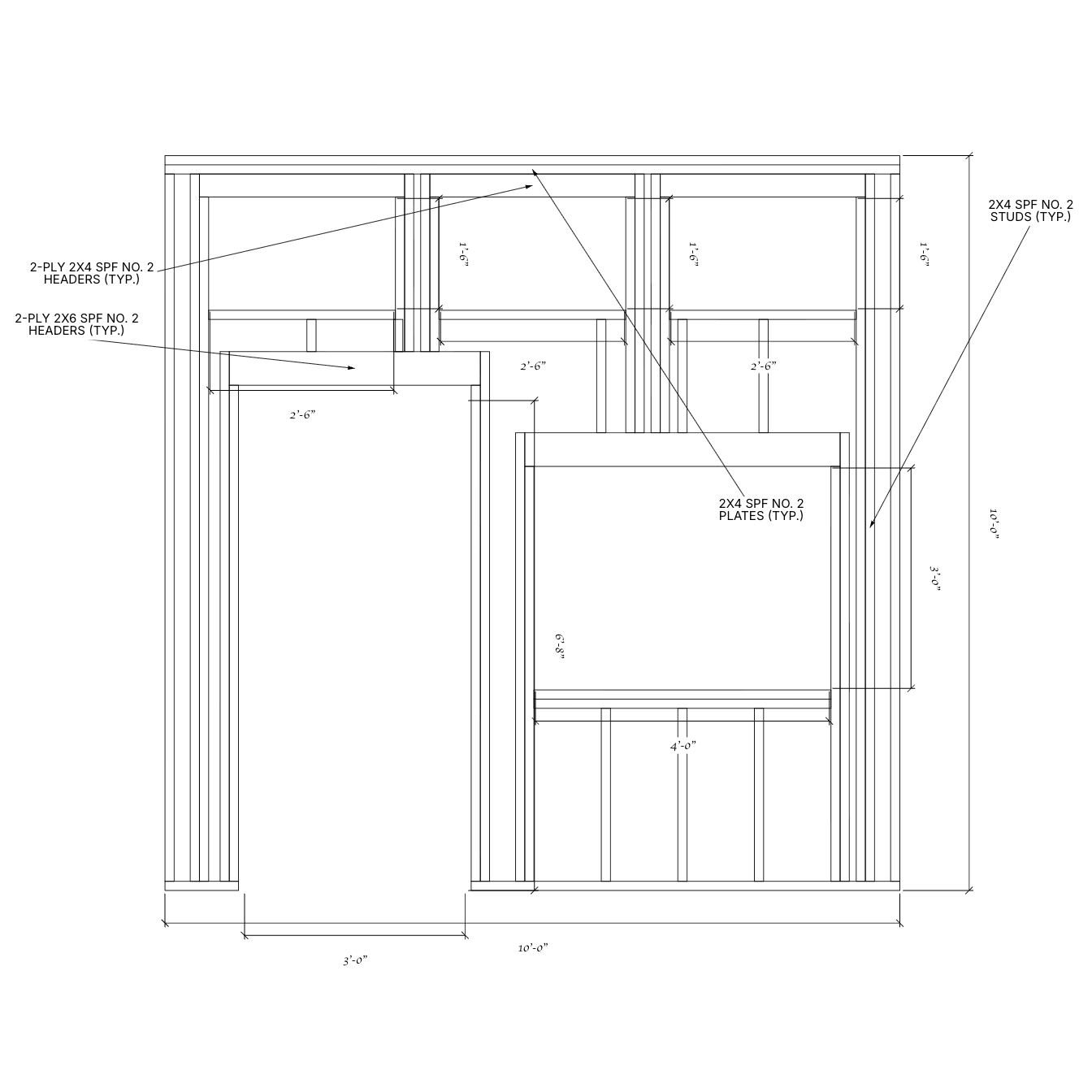 Dimensioned framing plan for the shed front wall