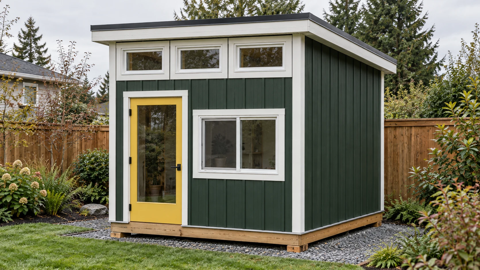 Dark green single-slope shed with a yellow glazed door in Tsawwassen
